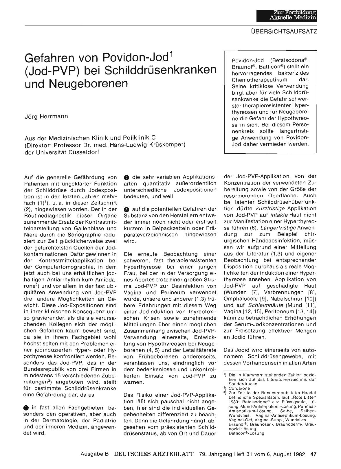 Vorschauseite 1: Gefahren von Povidon-Jod' (Jod-PVP) bei Schilddrüsenkranken und Neugeborenen