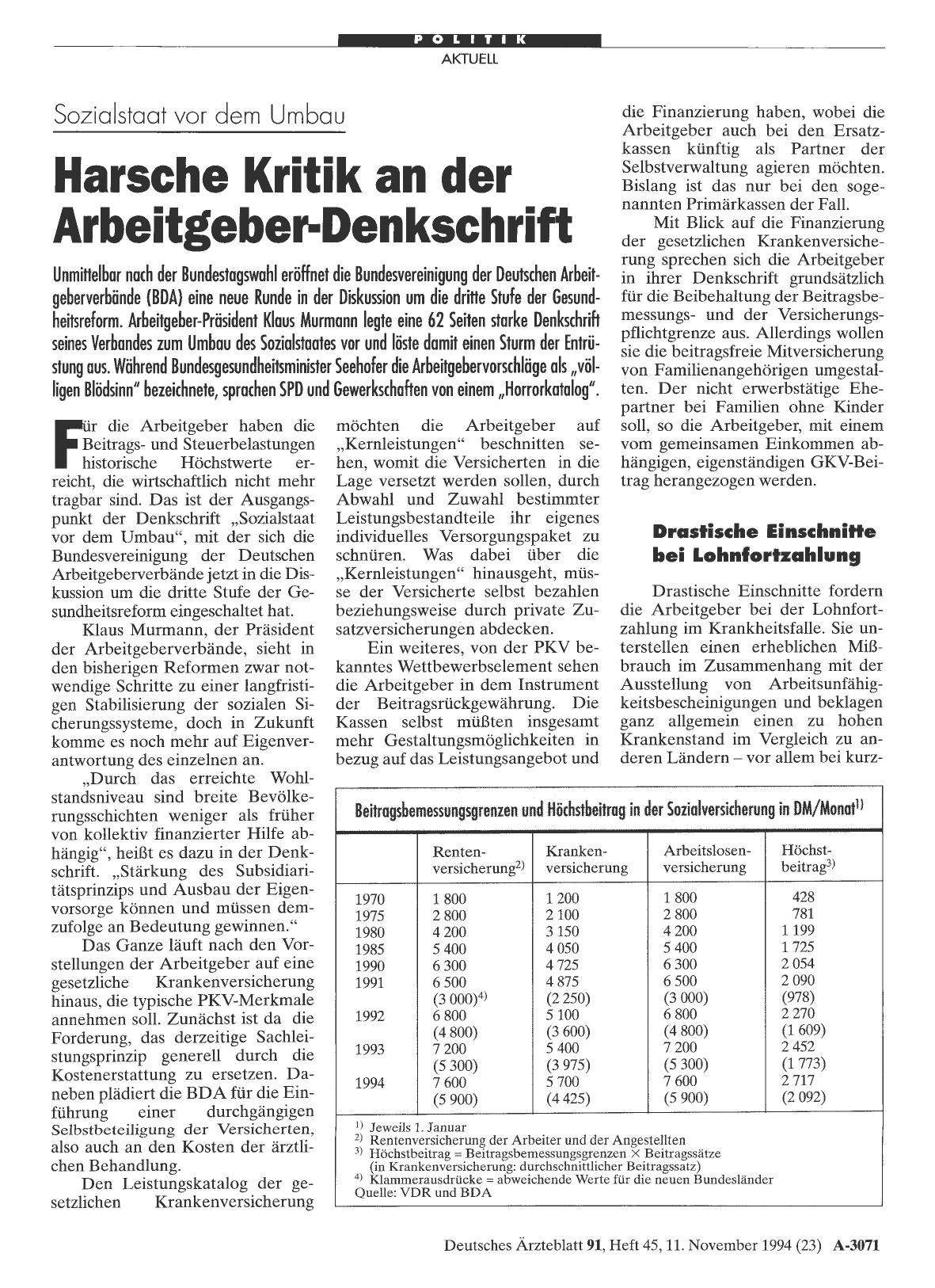 Vorschauseite 1: Sozialstaat vor dem Umbau: Harsche Kritik an der Arbeitgeber-Denkschrift