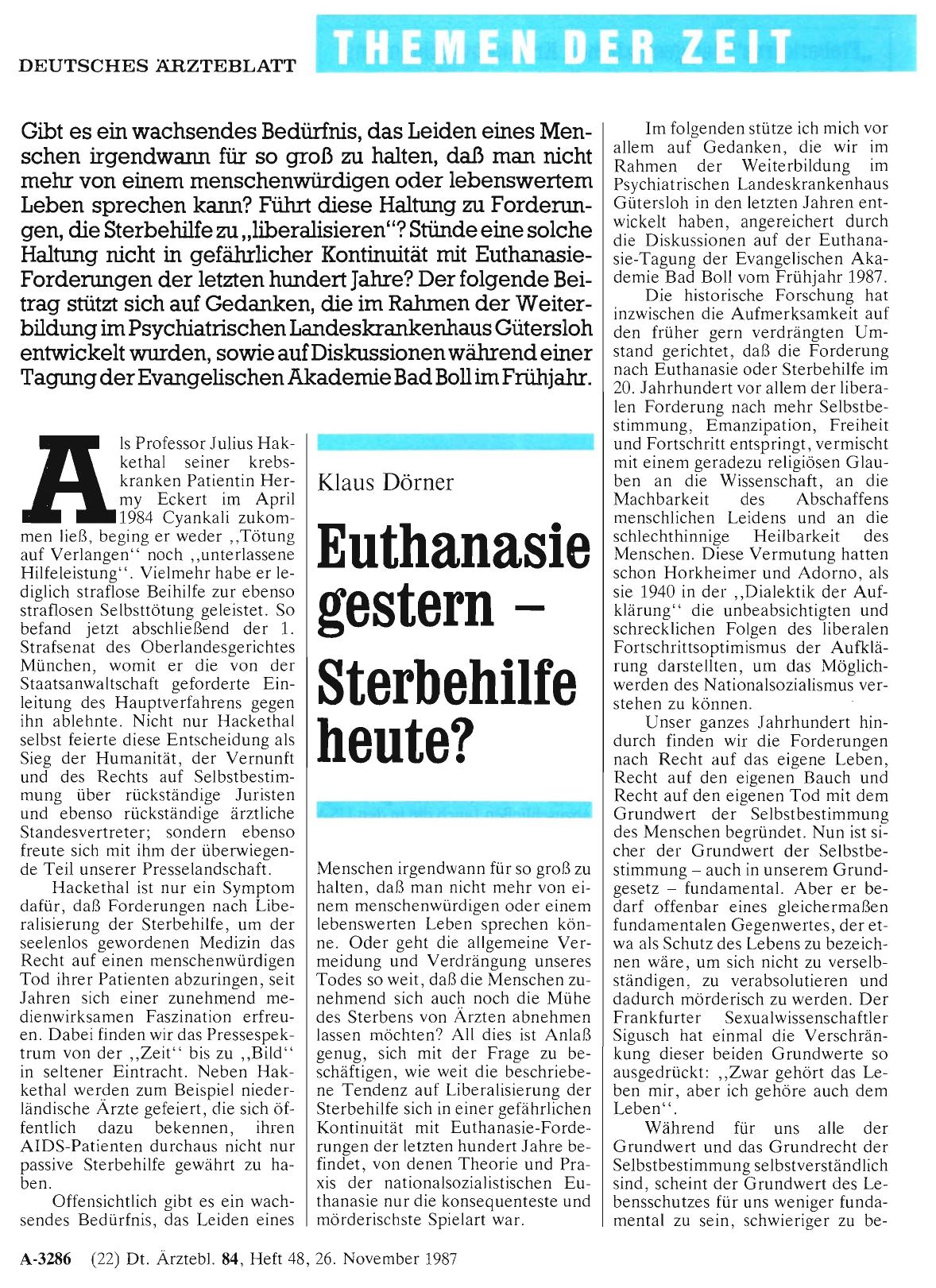 Vorschauseite 1: Euthanasie gestern – Sterbehilfe heute?
