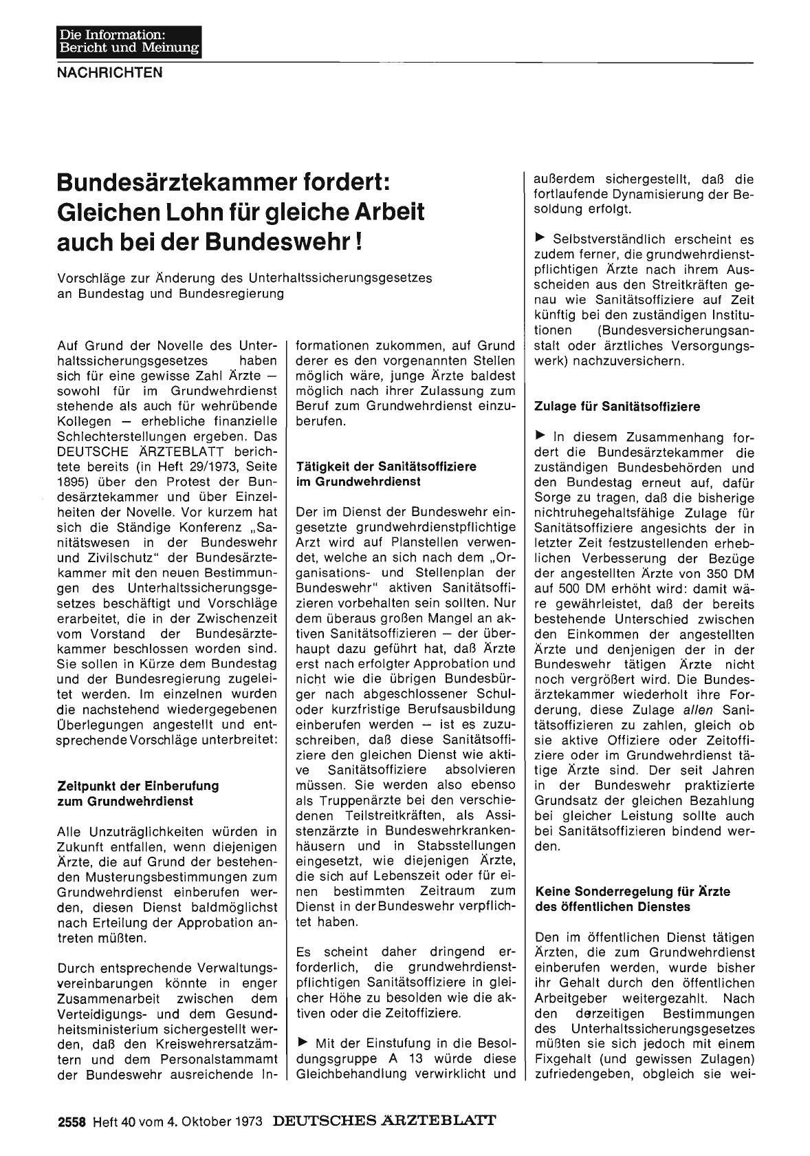 Vorschauseite 1: Bundesärztekammer fordert: Gleichen Lohn für gleiche Arbeit auch bei der Bundeswehr!
