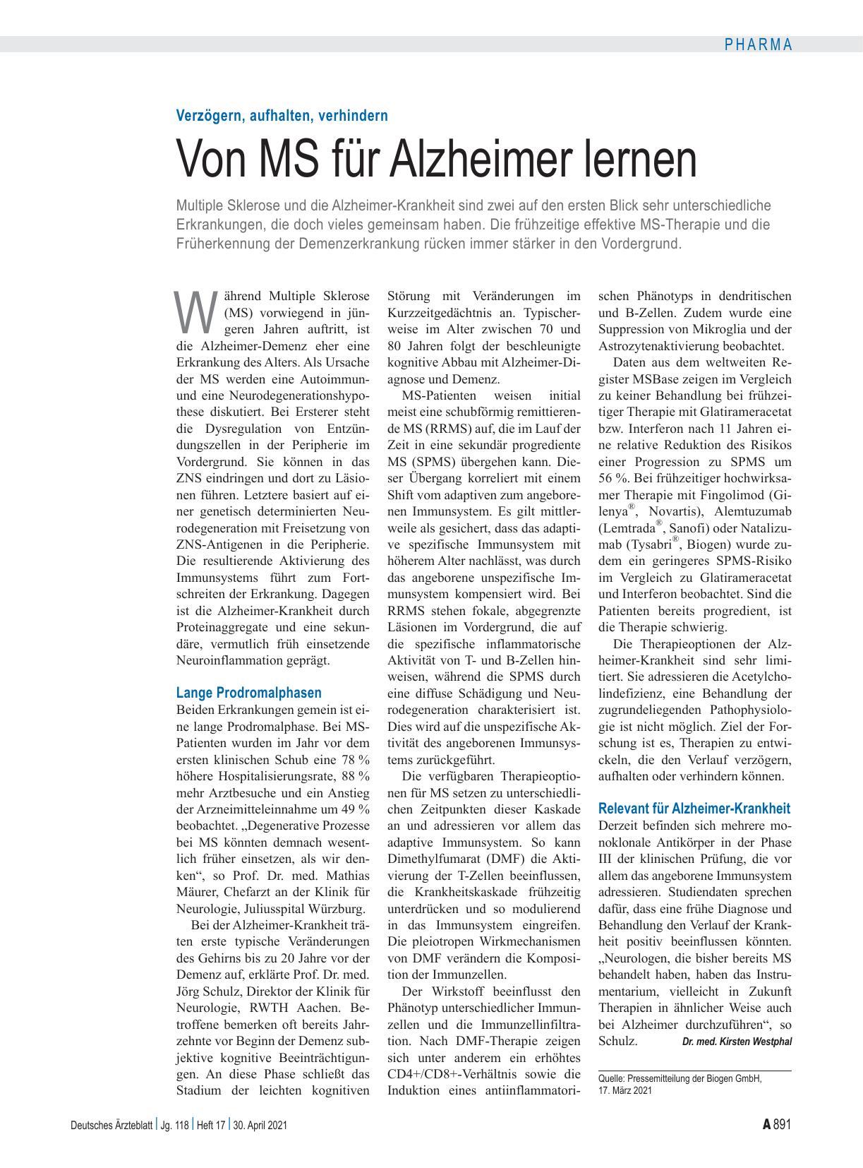 Vorschauseite 1: Verzögern, aufhalten, verhindern: Von MS für Alzheimer lernen