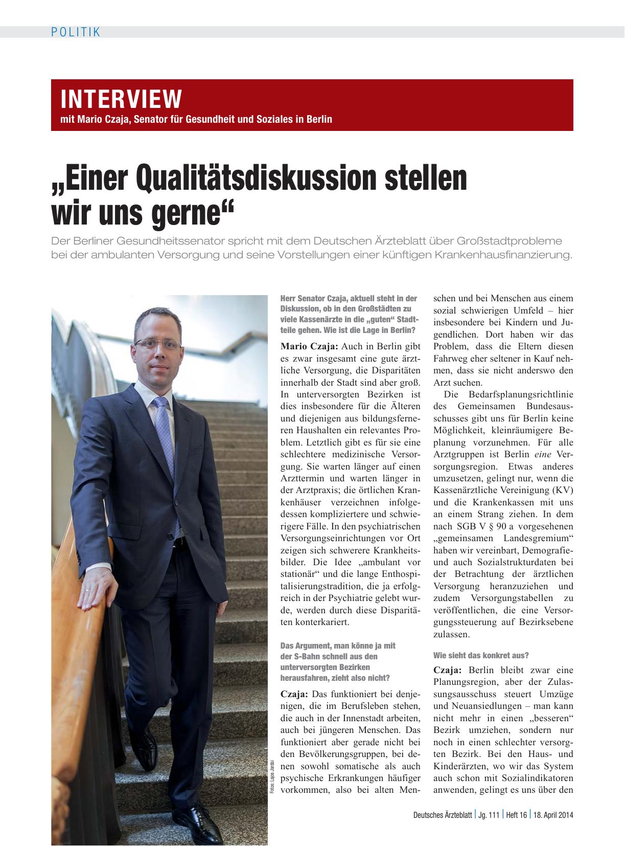 Vorschauseite 1: Interview mit Mario Czaja, Senator für Gesundheit und Soziales in Berlin: „Einer Qualitätsdiskussion stellen wir uns gerne“