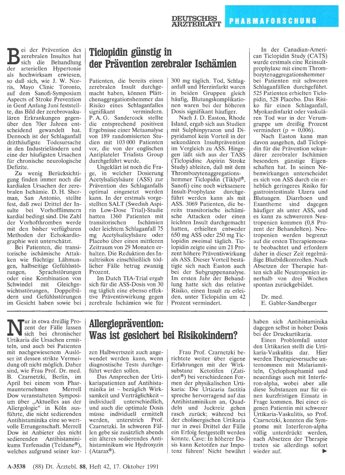 Vorschauseite 1: Ticlopidin günstig in der Prävention zerebraler Ischämien