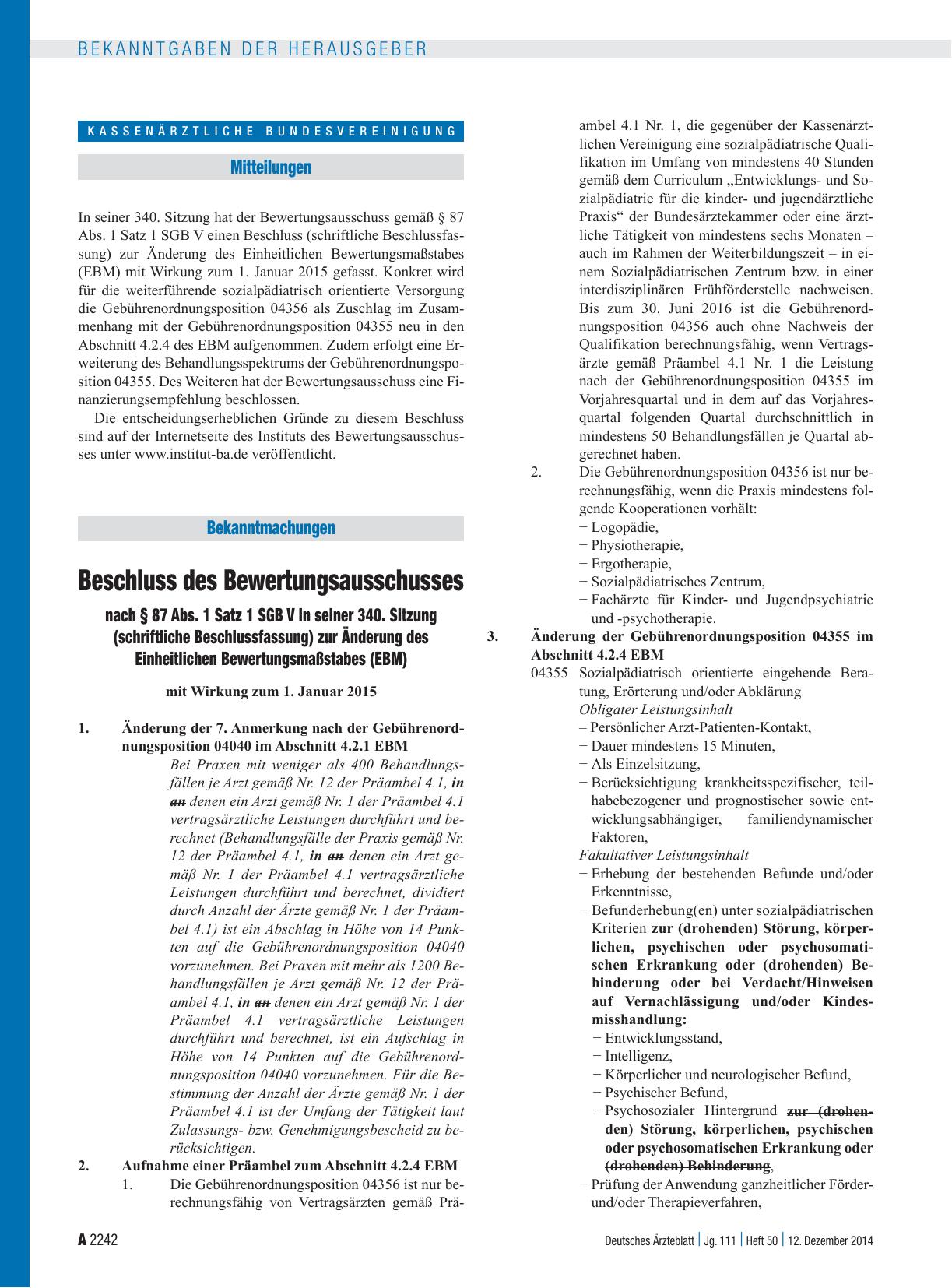 Vorschauseite 1: Beschluss des Bewertungsausschusses nach § 87 Abs. 1 Satz 1 SGB V in seiner 340. Sitzung (schriftliche Beschlussfassung) zur Änderung des Einheitlichen Bewertungsmaßstabes (EBM)