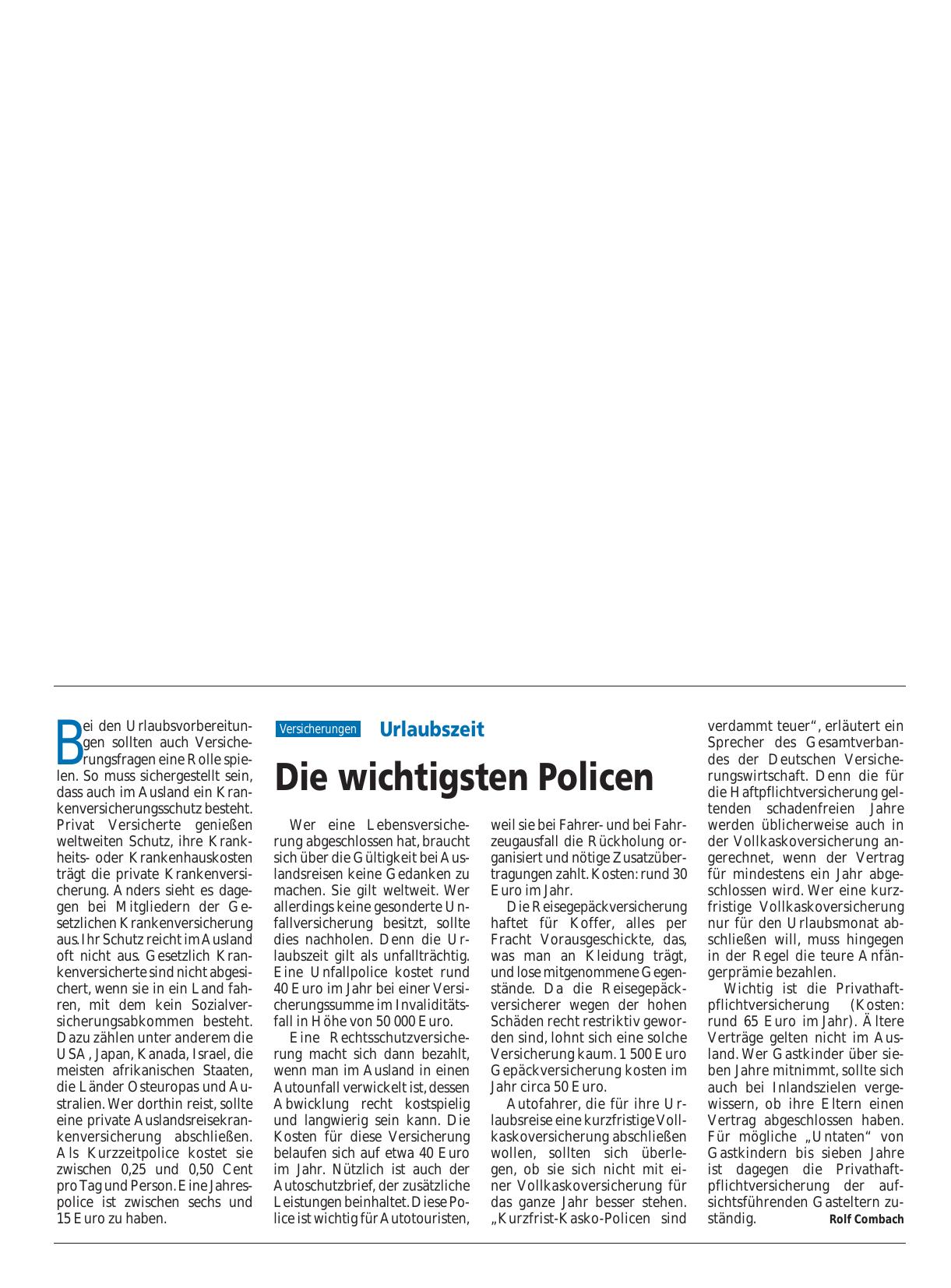 Vorschauseite 1: Urlaubszeit: Die wichtigsten Policen
