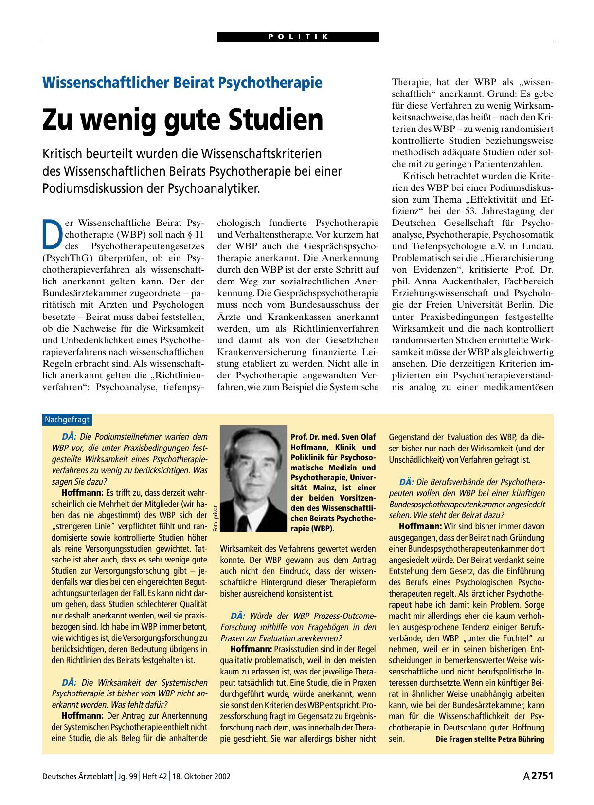 Vorschauseite 1: Wissenschaftlicher Beirat Psychotherapie: Zu wenig gute Studien