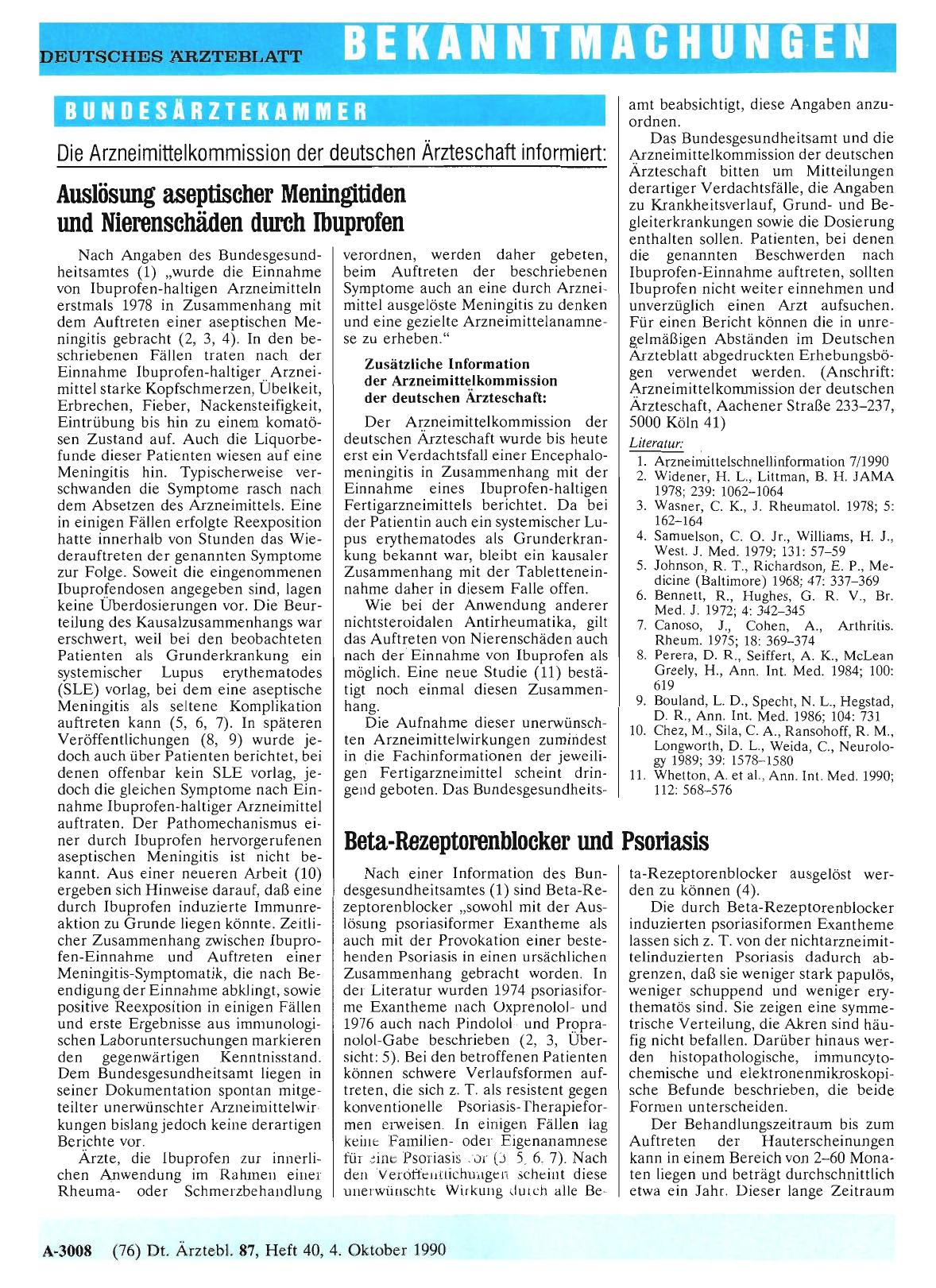 Vorschauseite 1: Die Arzneimittelkommission der deutschen Ärzteschaft informiert: Auslösung aseptischer Meningitiden und Nierenschäden durch Ibuprofen