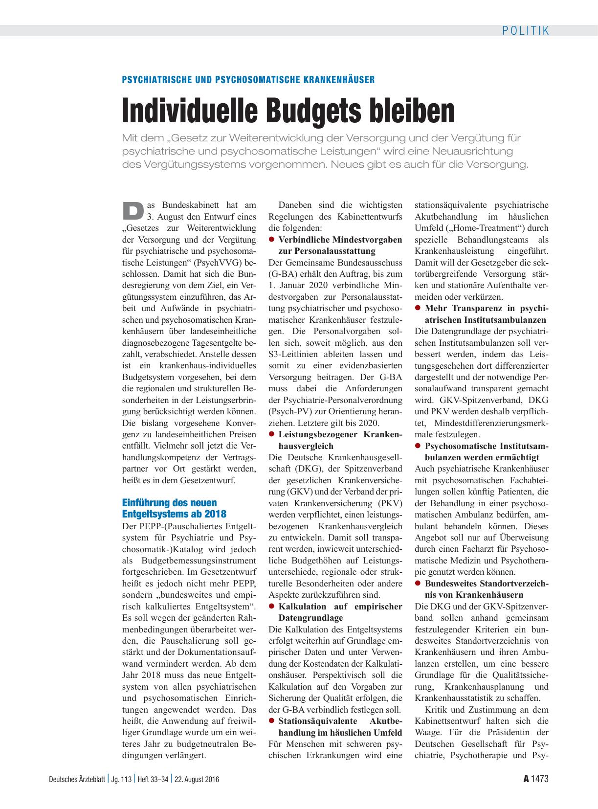 Vorschauseite 1: Psychiatrische und psychosomatische Krankenhäuser: Individuelle Budgets bleiben