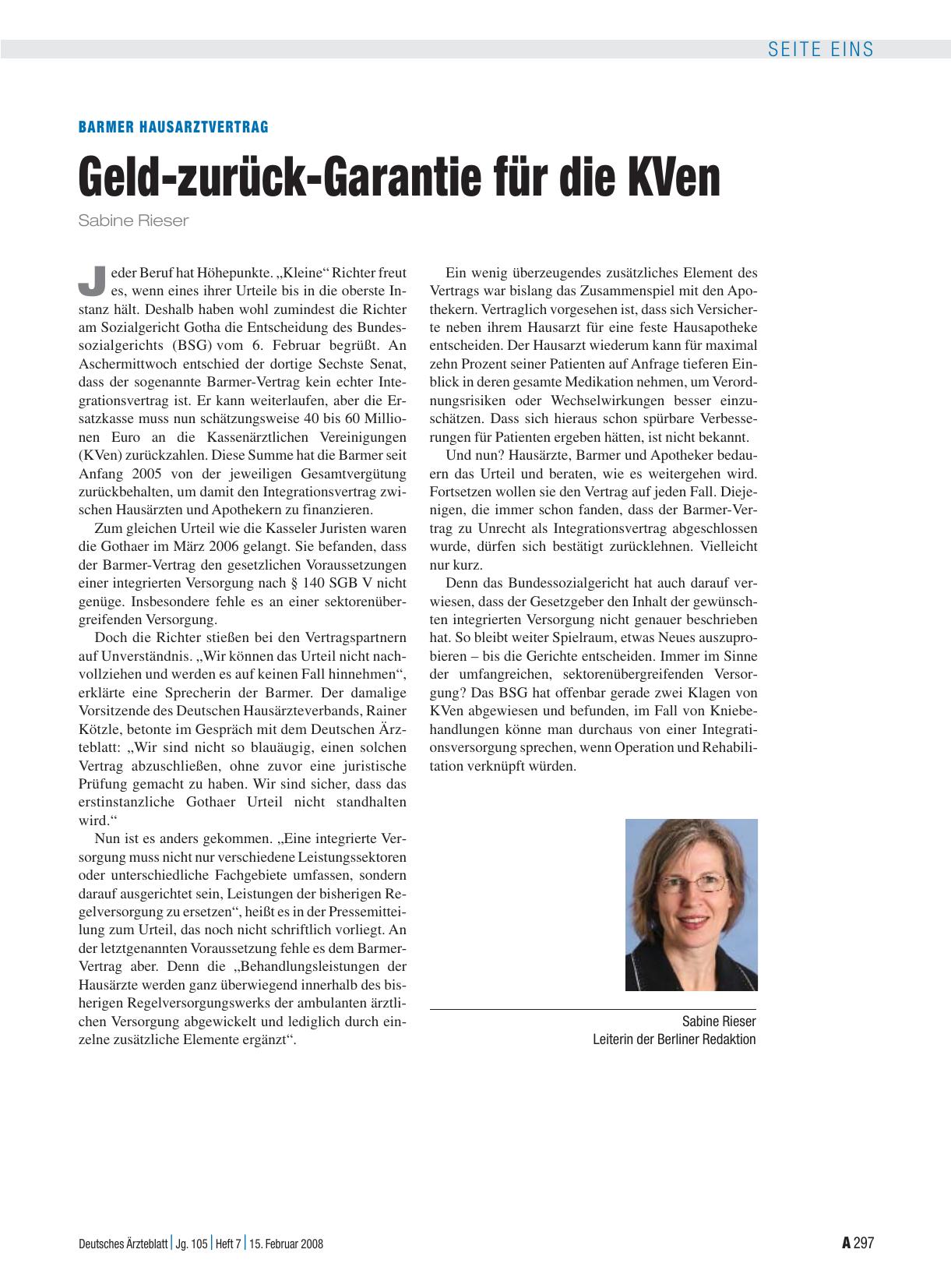 Vorschauseite 1: Barmer Hausarztvertrag: Geld-zurück-Garantie für die KVen