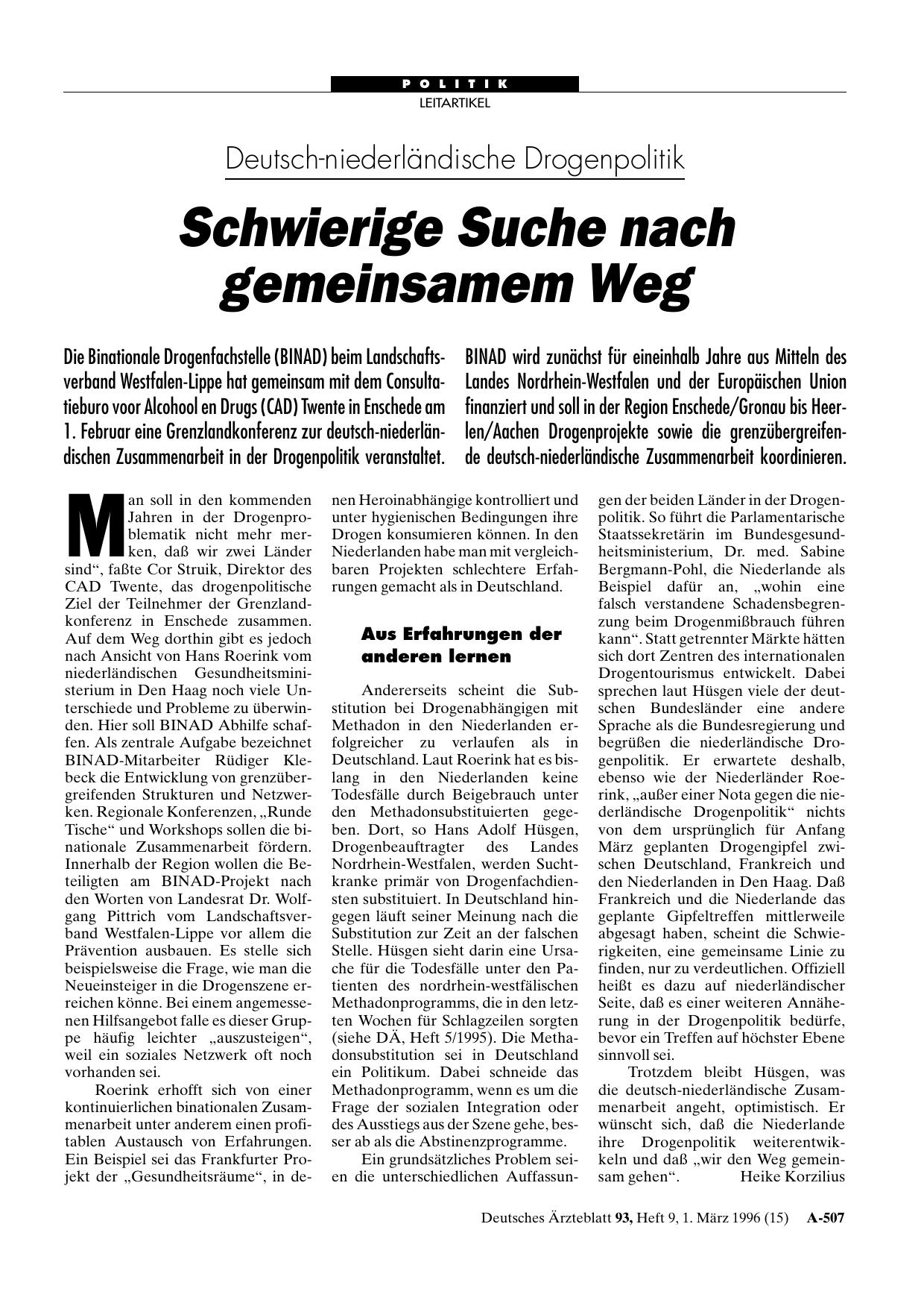 Vorschauseite 1: Deutsch-niederländische Drogenpolitik: Schwierige Suche nach gemeinsamem Weg