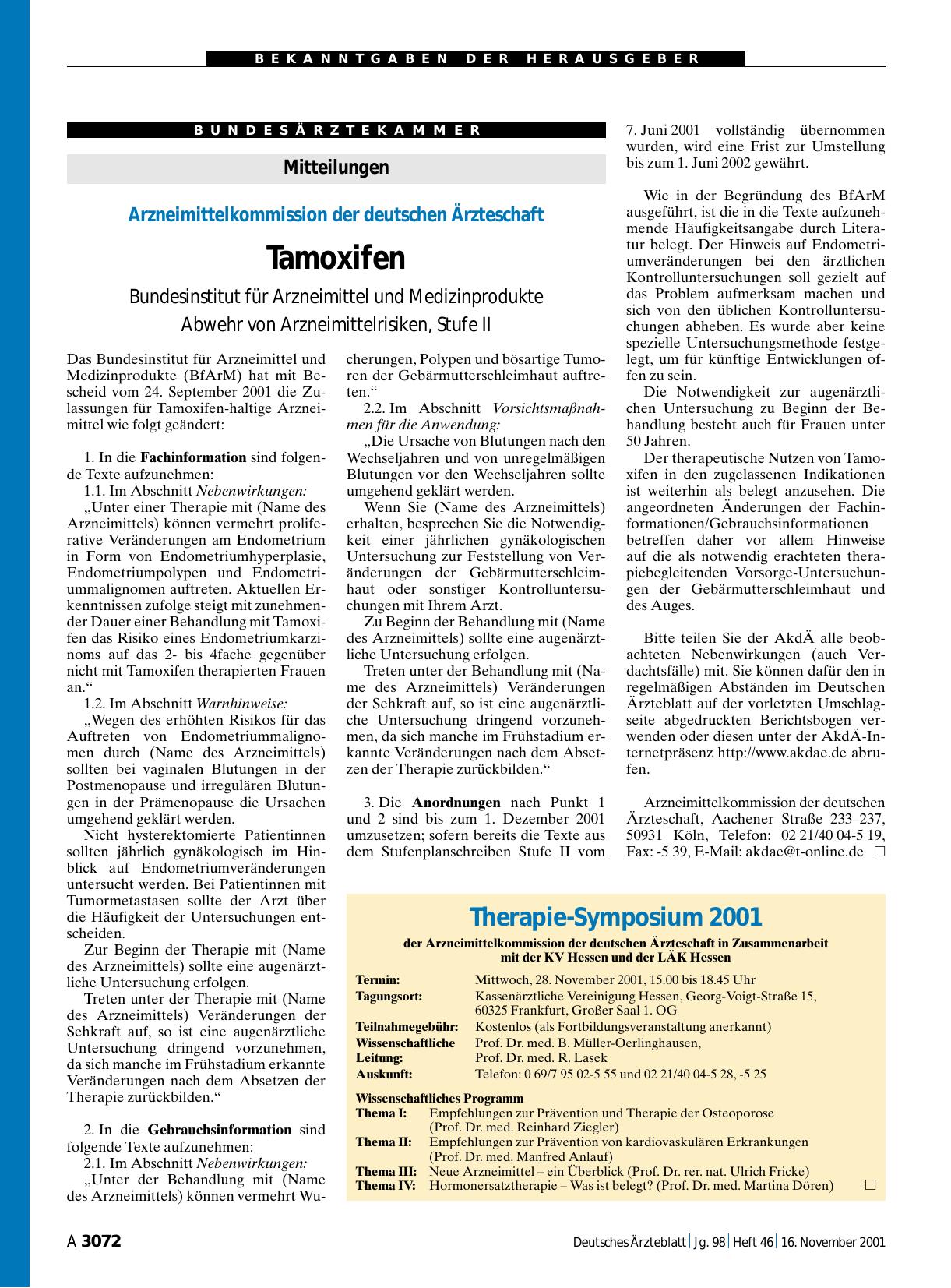 Vorschauseite 1: Mitteilungen: Arzneimittelkommission der deutschen Ärzteschaft Tamoxifen