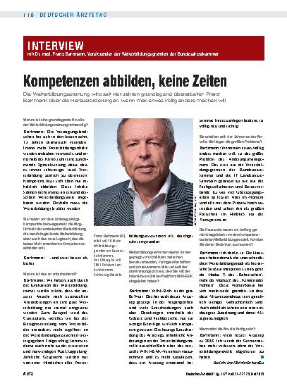 Vorschauseite 1: Interview mit Dr. med. Franz Bartmann, Vorsitzender der Weiterbildungsgremien der Bundesärztekammer Kompetenzen abbilden, keine Zeiten