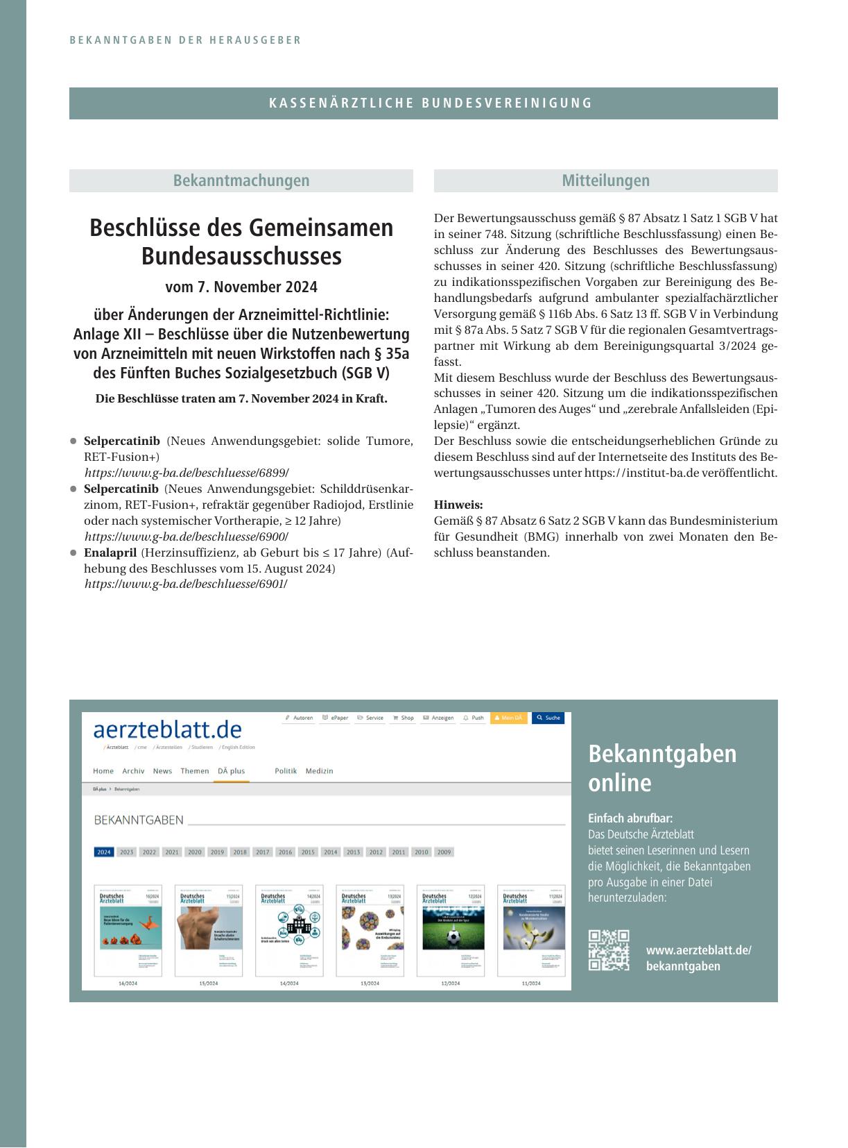 Vorschauseite 1: Beschlüsse des Gemeinsamen Bundesausschusses vom 7. November 2024 über Änderungen der Arzneimittel-Richtlinie: Anlage XII – Beschlüsse über die Nutzenbewertung von Arzneimitteln m…