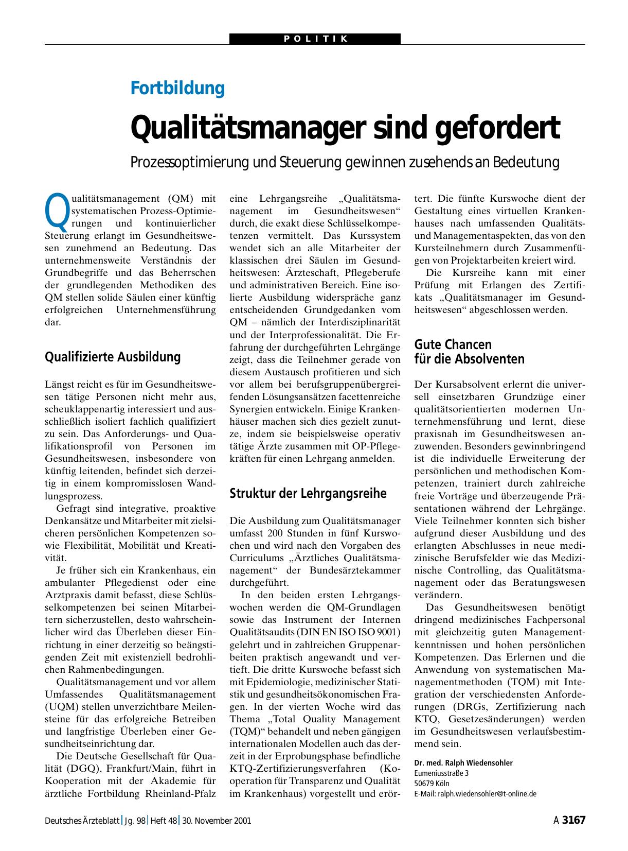 Vorschauseite 1: Fortbildung: Qualitätsmanager sind gefordert