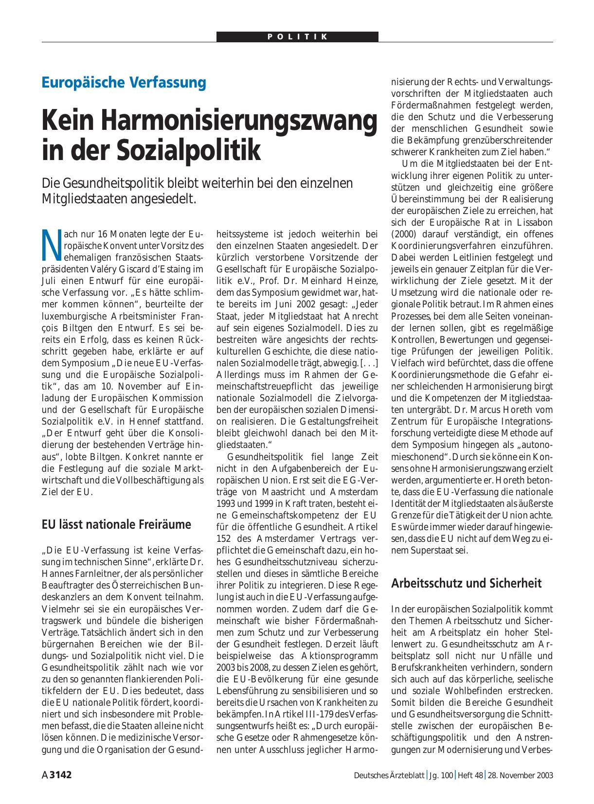 Vorschauseite 1: Europäische Verfassung: Kein Harmonisierungszwang in der Sozialpolitik