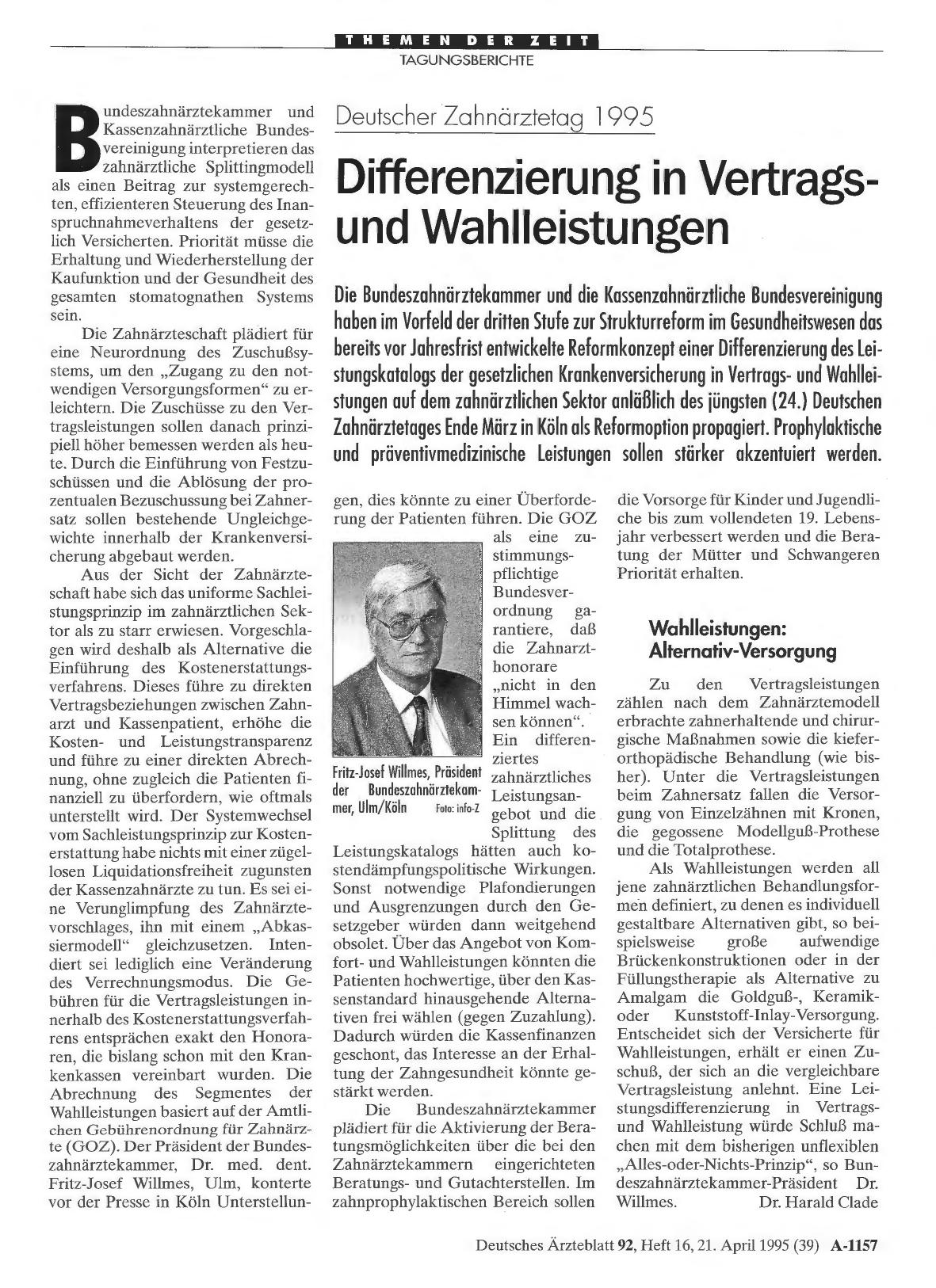 Vorschauseite 1: Deutscher Zahnärztetag 1995: Differenzierung in Vertragsund Wahlleistungen