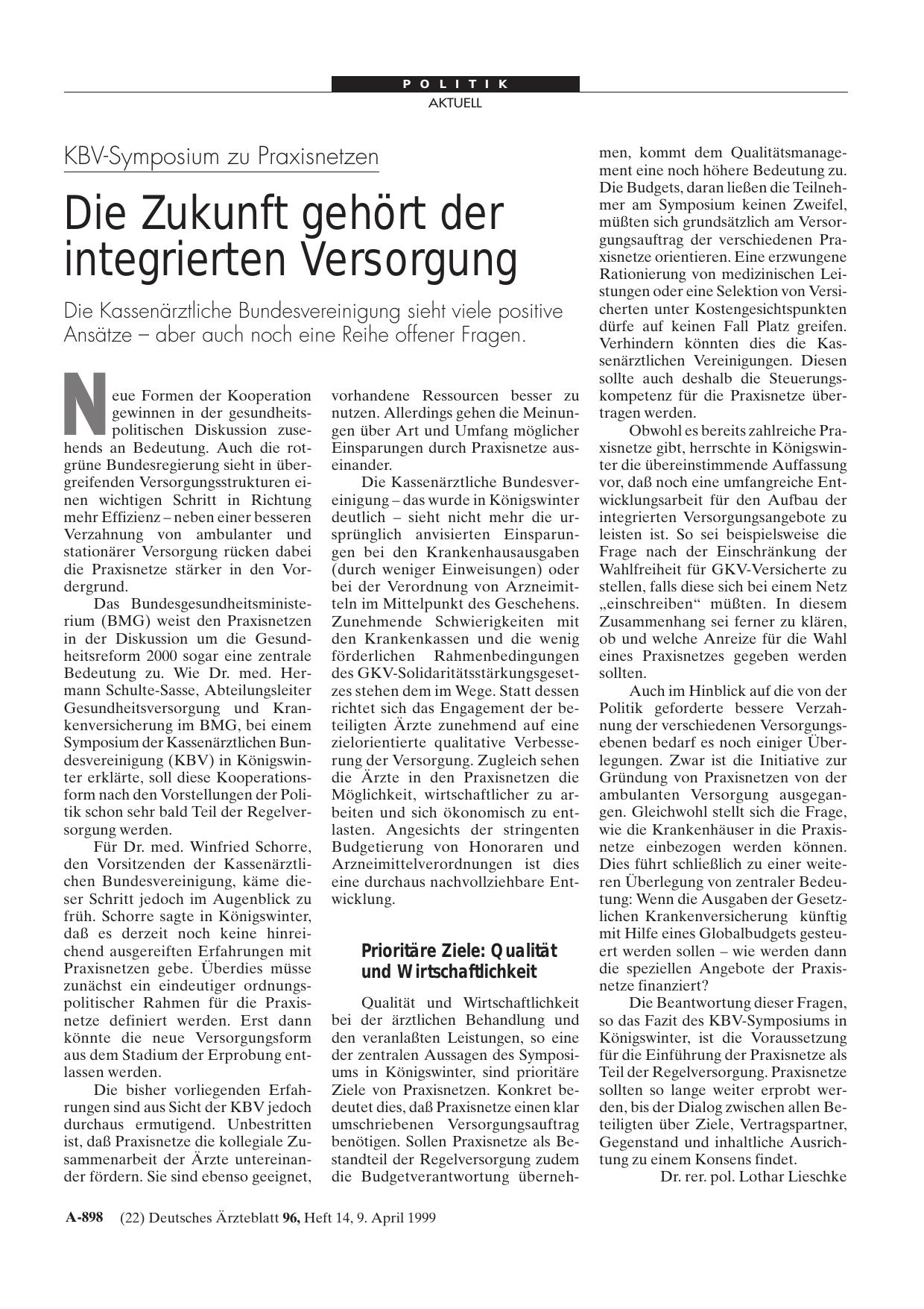Vorschauseite 1: KBV-Symposium zu Praxisnetzen: Die Zukunft gehört der integrierten Versorgung