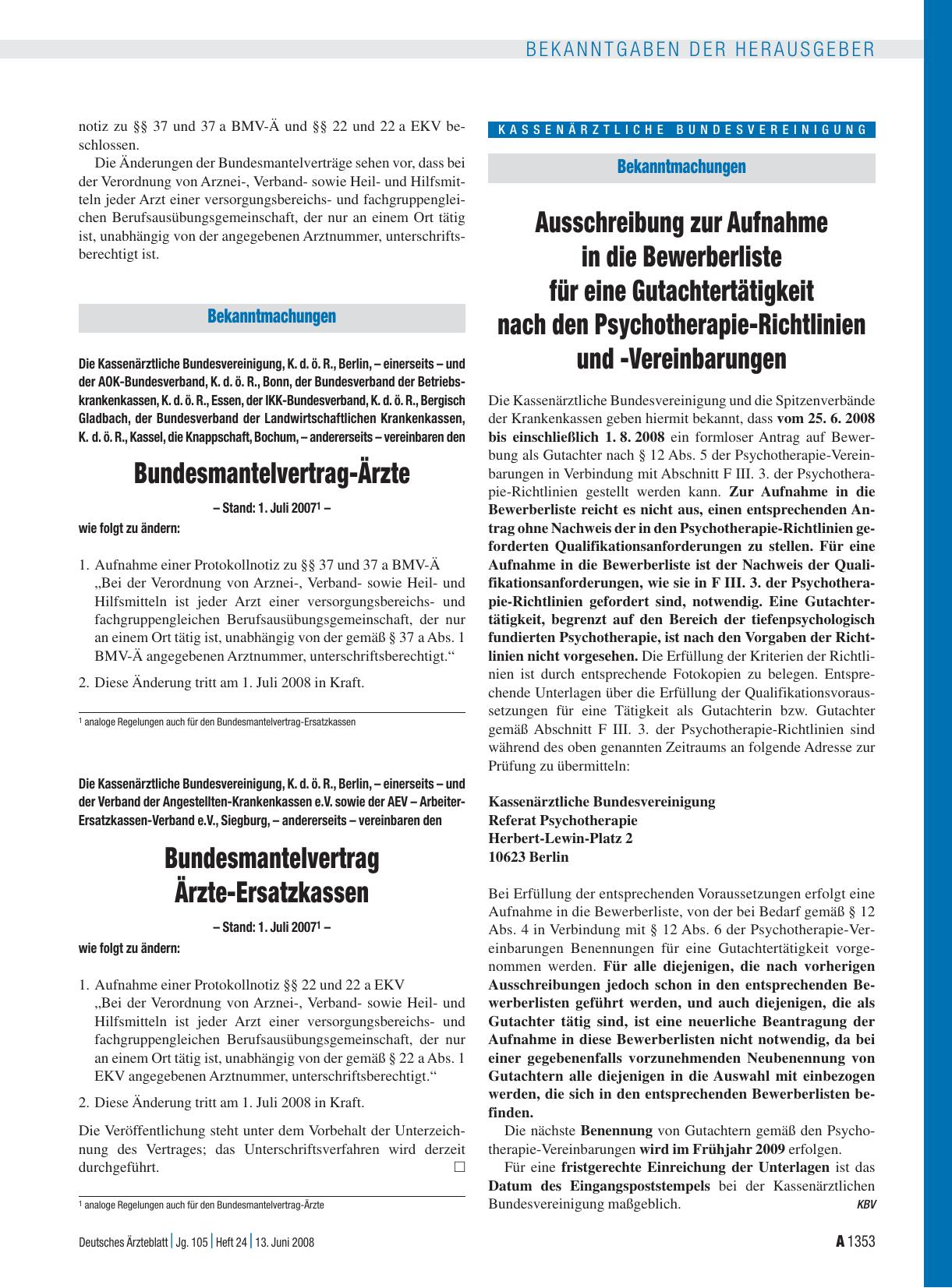 Vorschauseite 1: Bekanntmachungen - die Kassenärztliche Bundesvereinigung, K. d. ö. R. , Berlin, – einerseits – und der Verband der Angestellten-Krankenkassen e. V. sowie der AEV – Arbeiter-Ersatz…