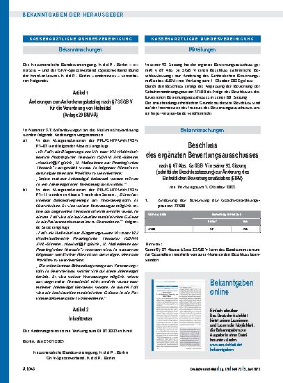 Vorschauseite 1: Beschluss des ergänzten Bewertungsausschusses nach § 87 Abs. 5a SGB V in seiner 92. Sitzung (schriftliche Beschlussfassung) zur Änderung des Einheitlichen Bewertungsmaßstabes (EBM)