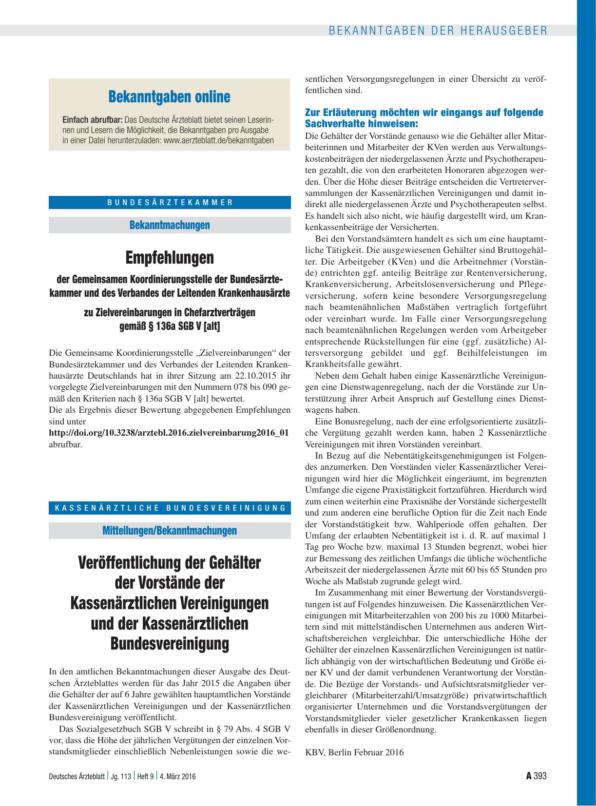 Vorschauseite 1: Veröffentlichung der Gehälter der Vorstände der Kassenärztlichen Vereinigungen und der Kassenärztlichen Bundesvereinigung