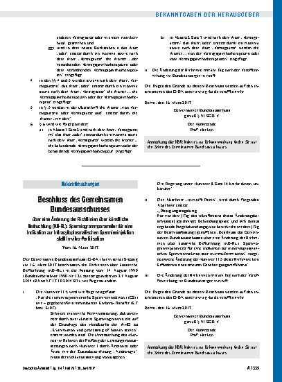 Vorschauseite 1: Beschluss des Gemeinsamen Bundesausschusses über eine Änderung der Richtlinien über künstliche Befruchtung (KB-RL): Spermiogrammparameter für eine Indikation zur Intracytoplasmati…
