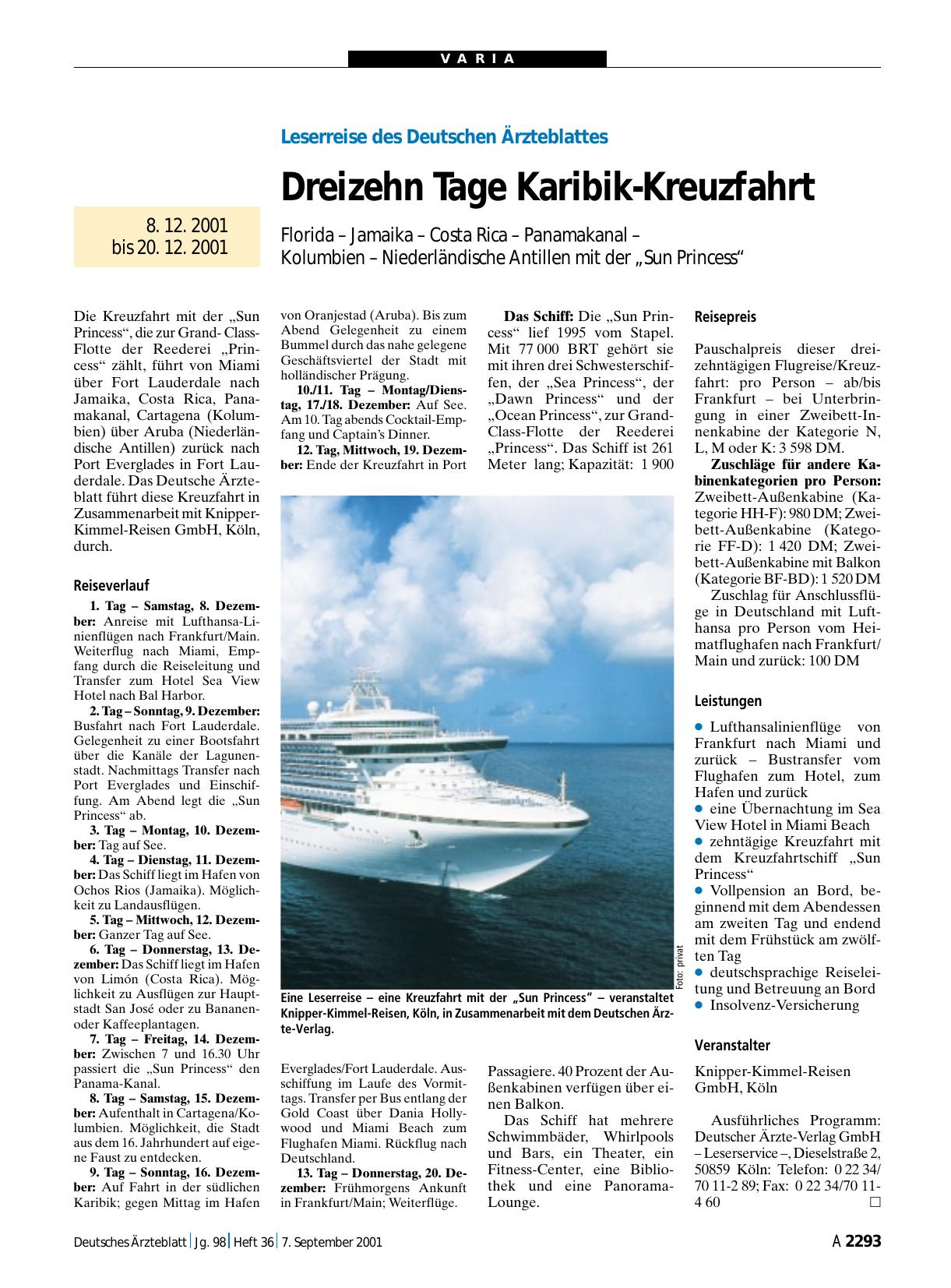 Vorschauseite 1: Leserreise des Deutschen Ärzteblattes: Dreizehn Tage Karibik-Kreuzfahrt