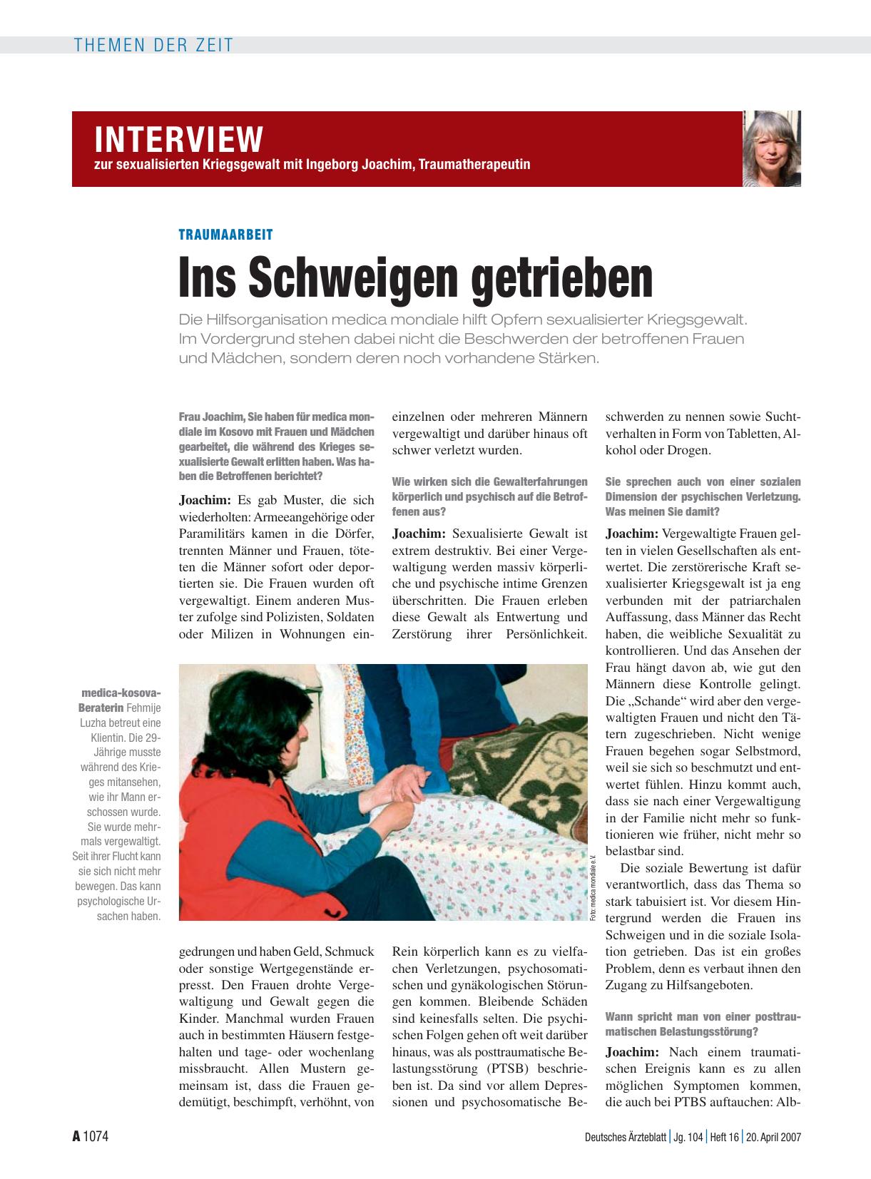 Vorschauseite 1: Interview zur sexualisierten Kriegsgewalt mit Ingeborg Joachim, Traumatherapeutin: Traumaarbeit – Ins Schweigen getrieben