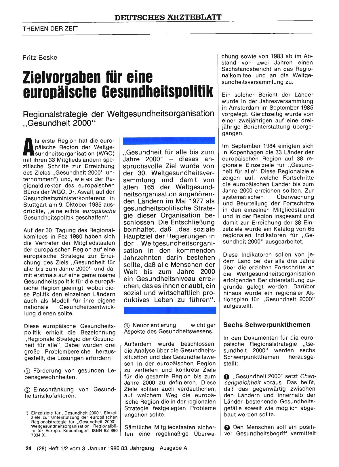 Vorschauseite 1: Zielvorgaben für eine europäische Gesundheitspolitik: Regionalstrategie der Weltgesundheitsorganisation „Gesundheit 2000“
