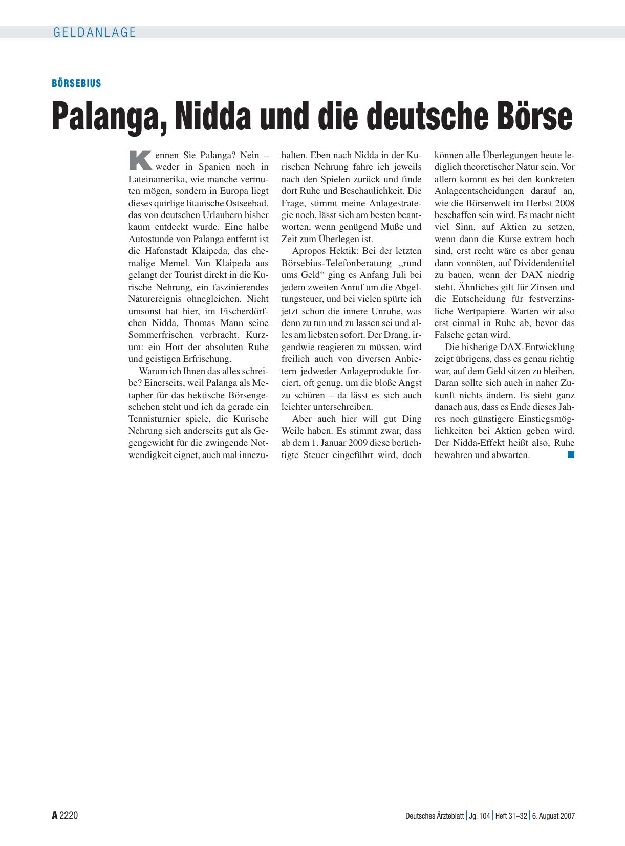 Vorschauseite 1: Palanga, Nidda und die deutsche Börse