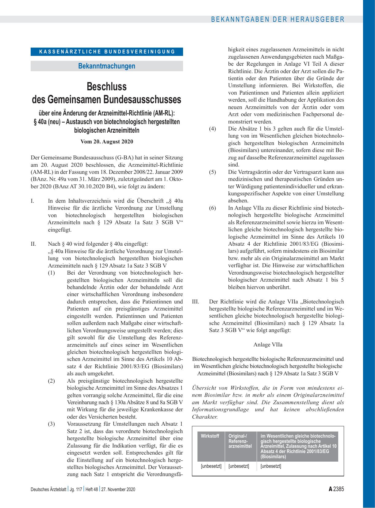 Vorschauseite 1: Beschluss des Gemeinsamen Bundesausschusses über eine Änderung der Arzneimittel-Richtlinie (AM-RL): § 40a (neu) – Austausch von biotechnologisch hergestellten biologischen Arzneim…