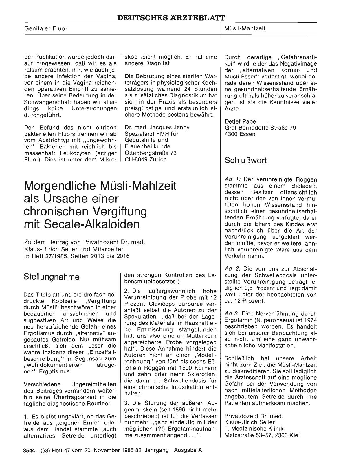 Vorschauseite 1: Morgendliche Müsli-Mahlzeit als Ursache einer chronischen Vergiftung mit Secale-Alkaloiden: Stellungnahme