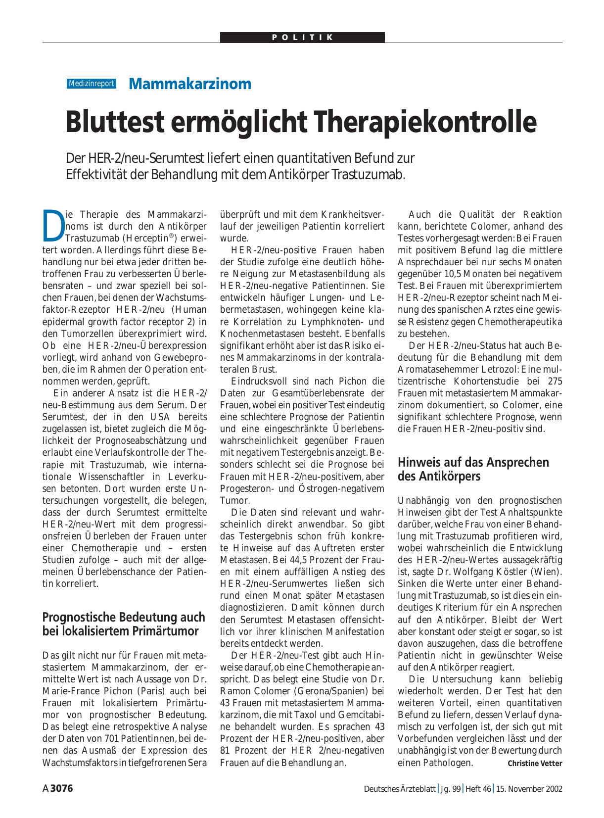 Vorschauseite 1: Mammakarzinom: Bluttest ermöglicht Therapiekontrolle
