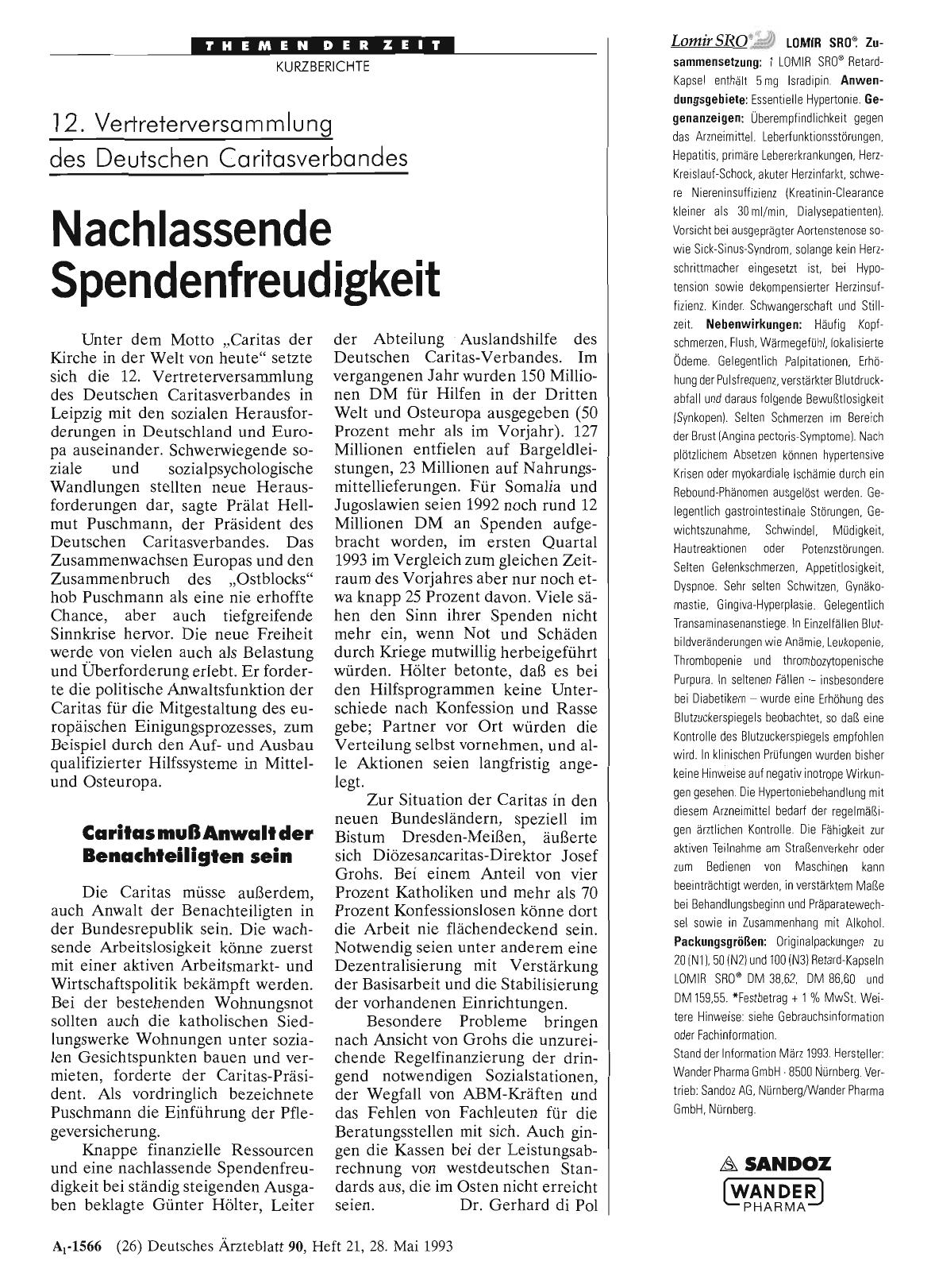 Vorschauseite 1: 12. Vertreterversammlung des Deutschen Caritasverbandes: Nachlassende Spendenfreudigkeit