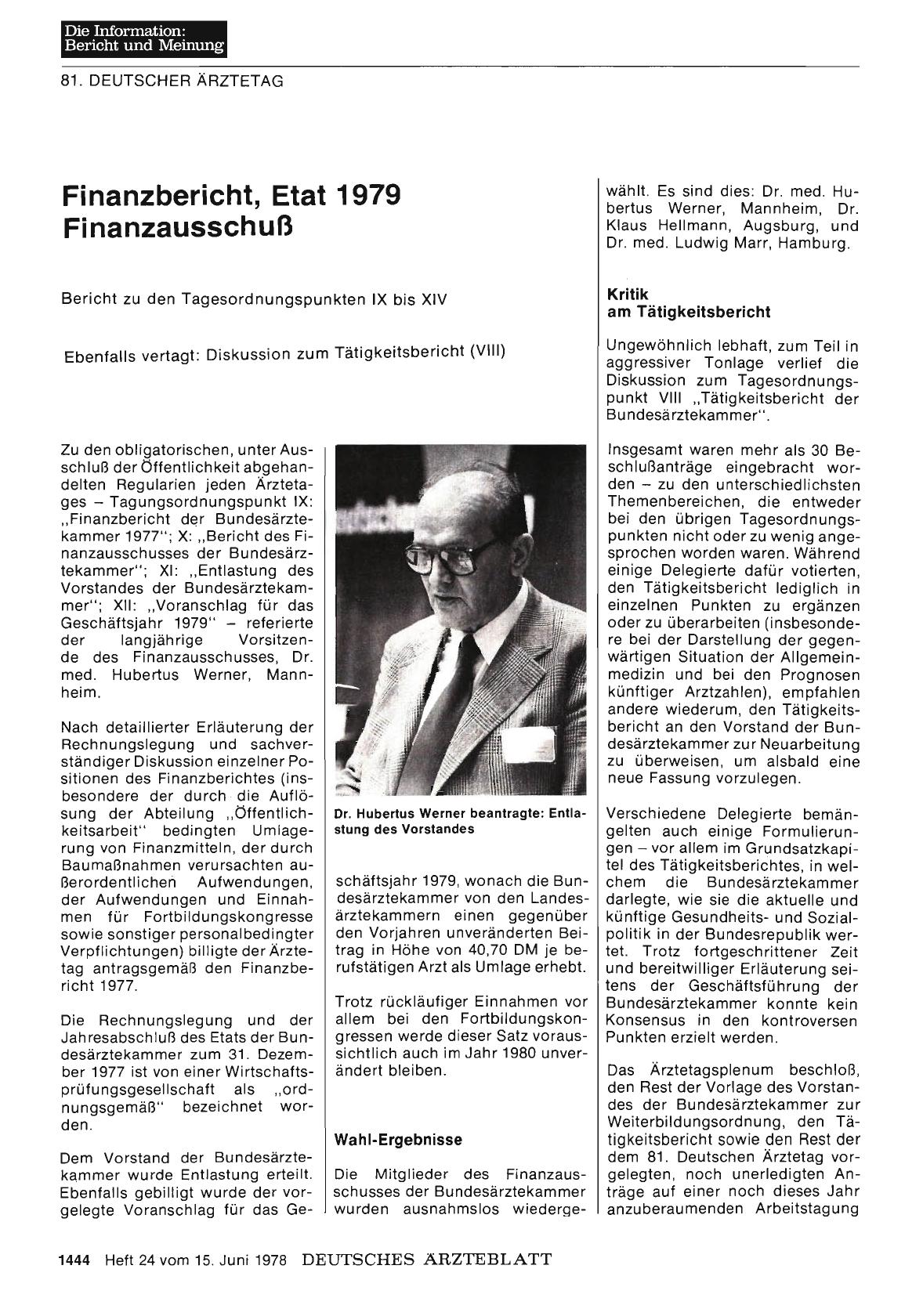 Vorschauseite 1: Finanzbericht, Etat 1979 Finanzausschuß: Bericht zu den Tagesordnungspunkten IX bis XIV
