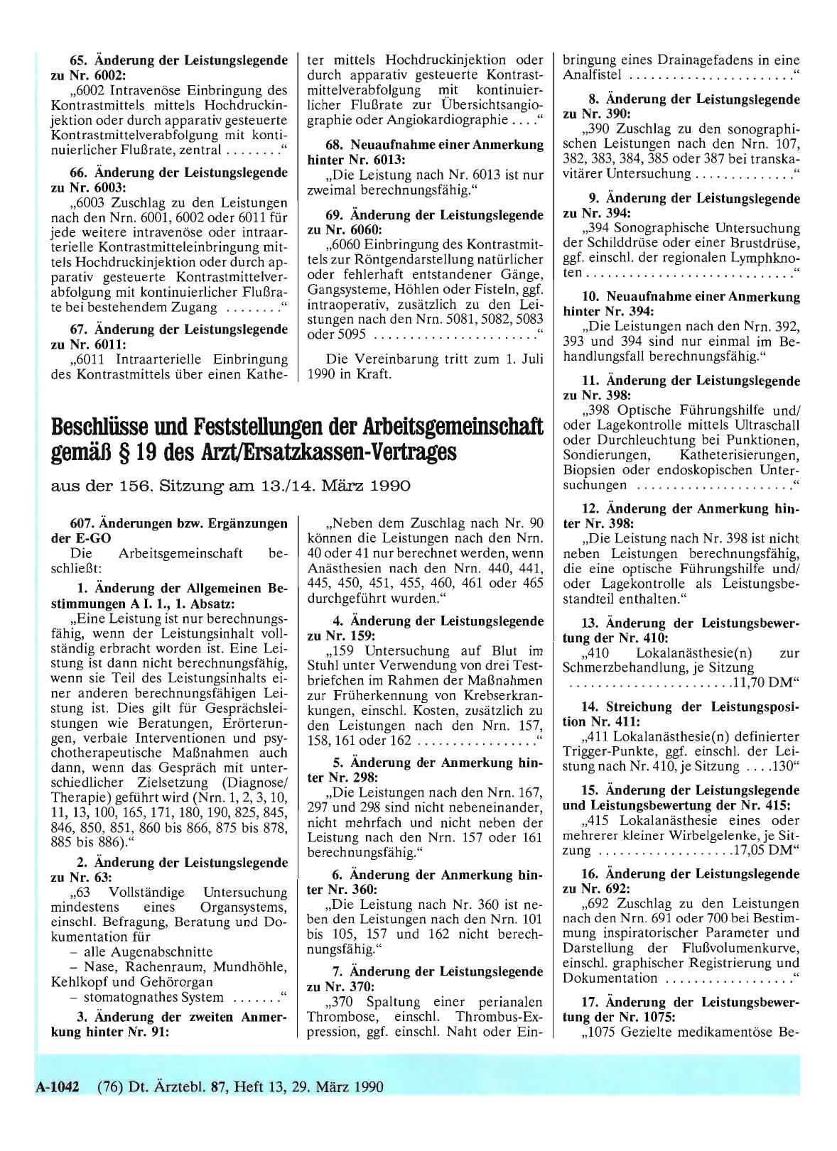 Vorschauseite 1: Beschlüsse und Feststellungen der Arbeitsgemeinschaft gemäß § 19 des Arzt/Ersatzkassen-Vertrages aus der 156. Sitzung am 13. /14. März 1990