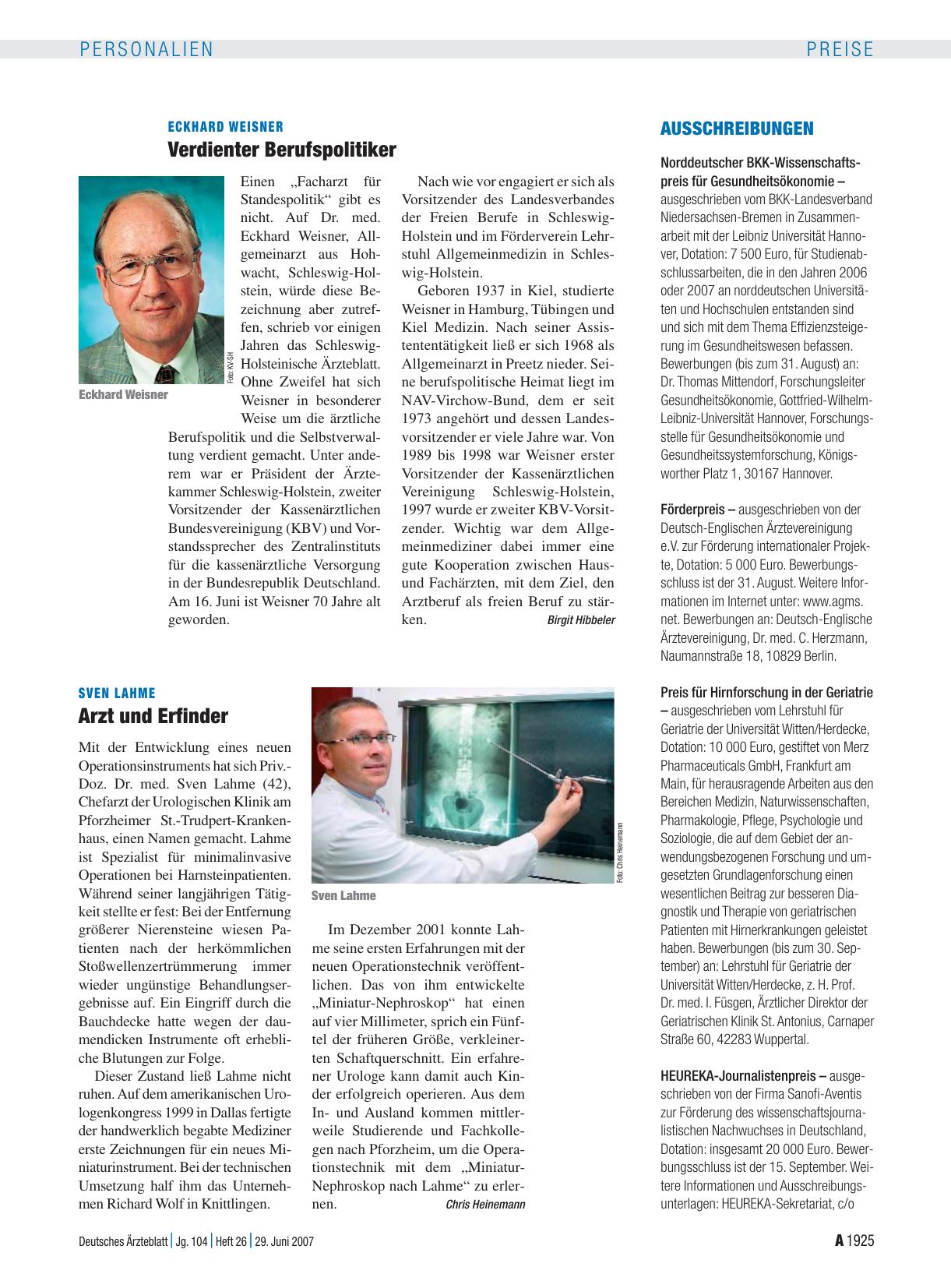 Vorschauseite 1: Eckhard Weisner: Verdienter Berufspolitiker