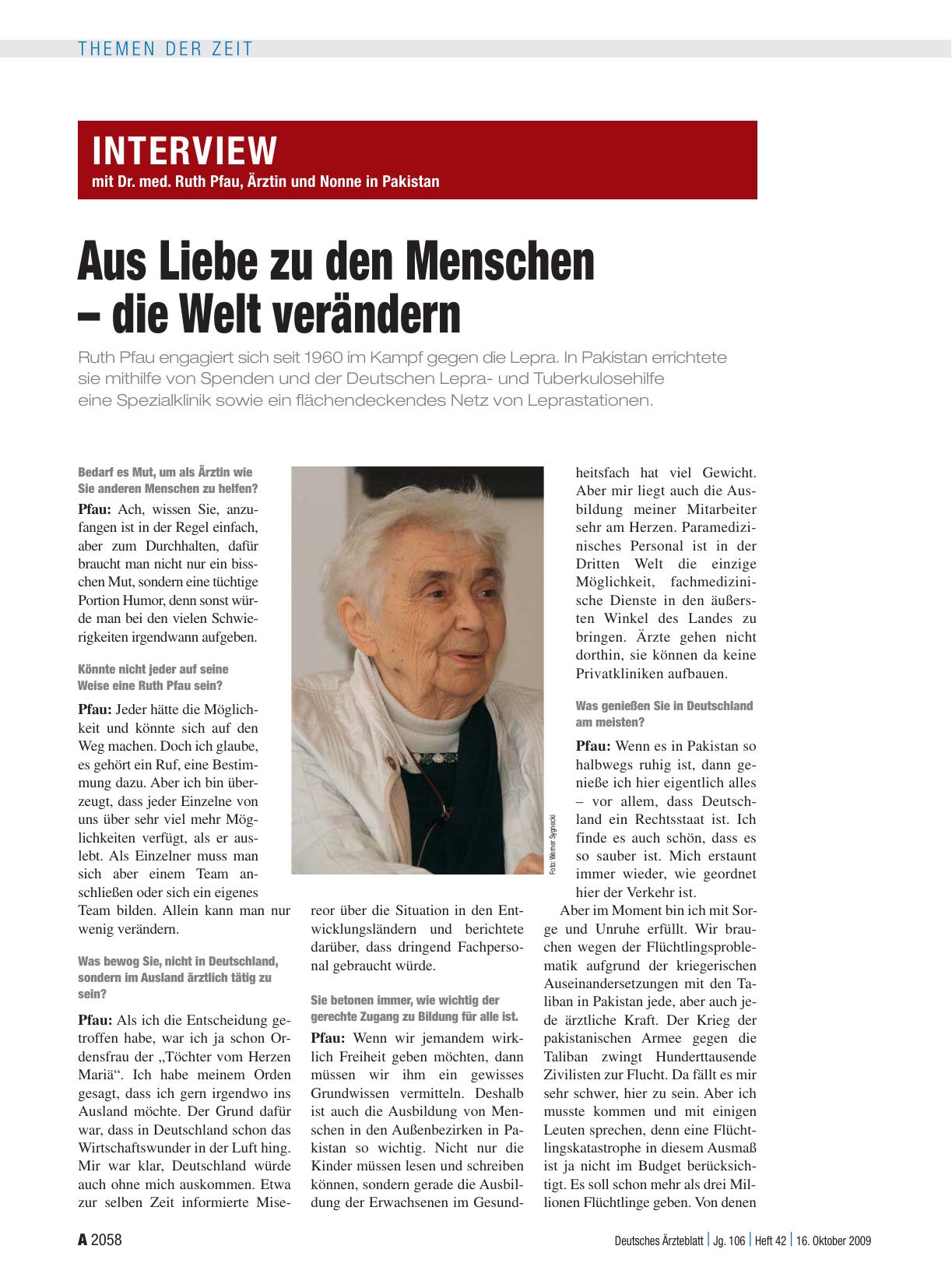Vorschauseite 1: Interview mit Dr. med. Ruth Pfau, Ärztin und Nonne in Pakistan: Aus Liebe zu den Menschen – die Welt verändern