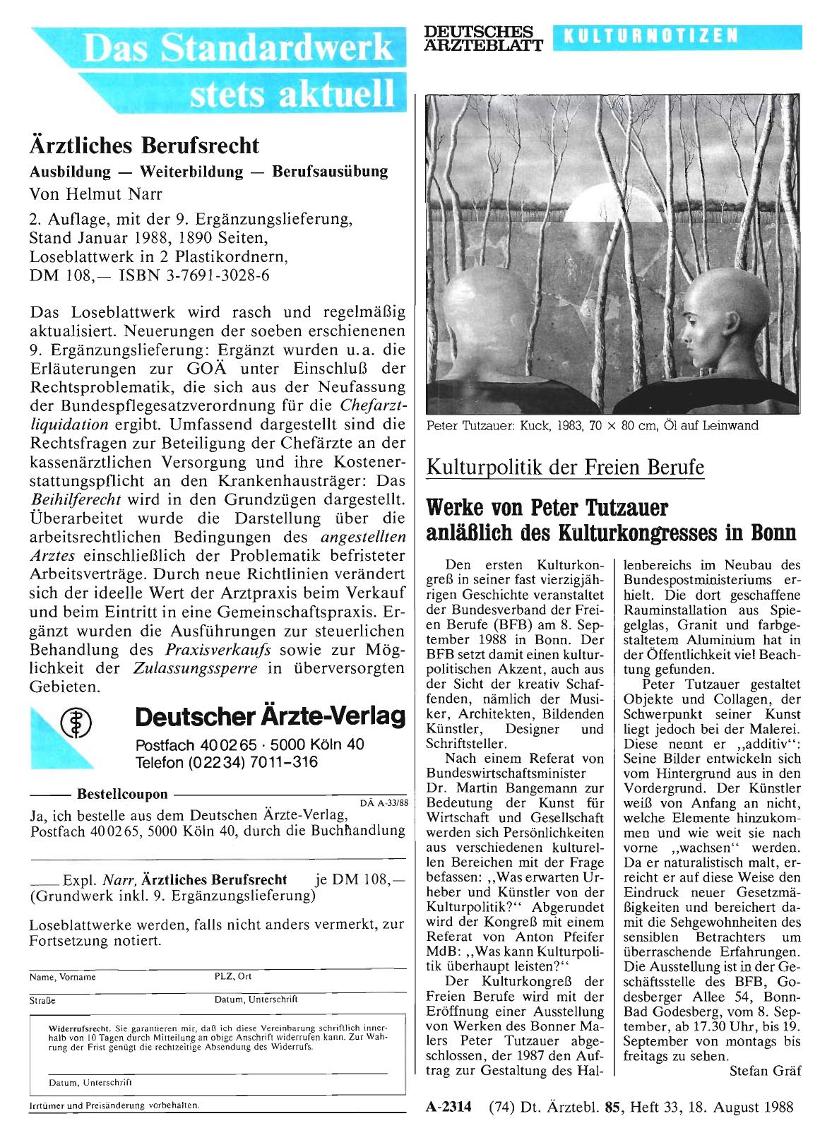 Vorschauseite 1: Kulturpolitik der Freien Berufe: Werke von Peter Tutzauer anläßlich des Kulturkongresses in Bonn