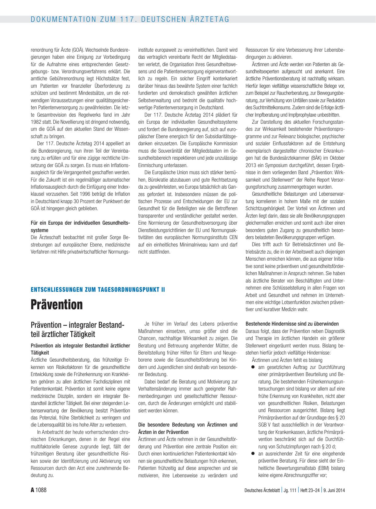 Vorschauseite 1: Entschliessungen zum Tagesordnungspunkt II: Prävention