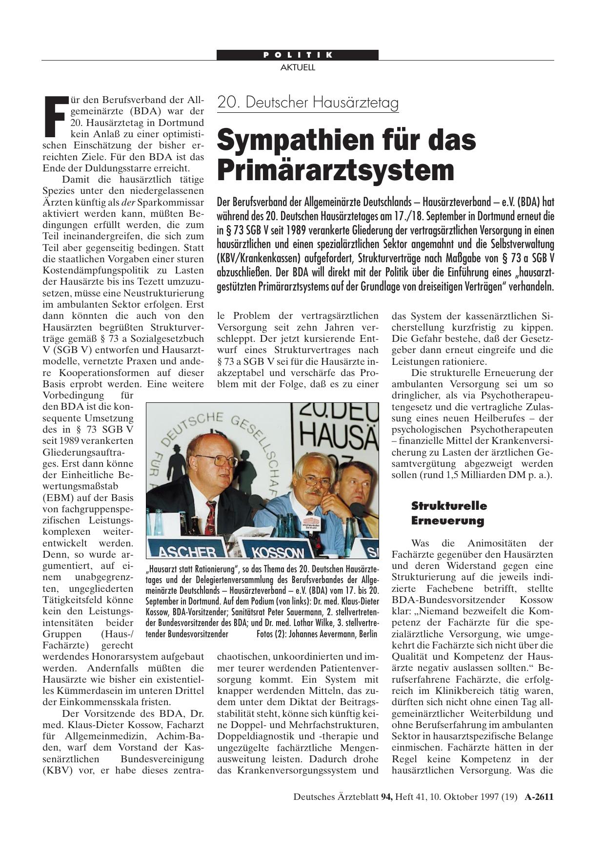 Vorschauseite 1: 20. Deutscher Hausärztetag: Sympathien für das Primärarztsystem