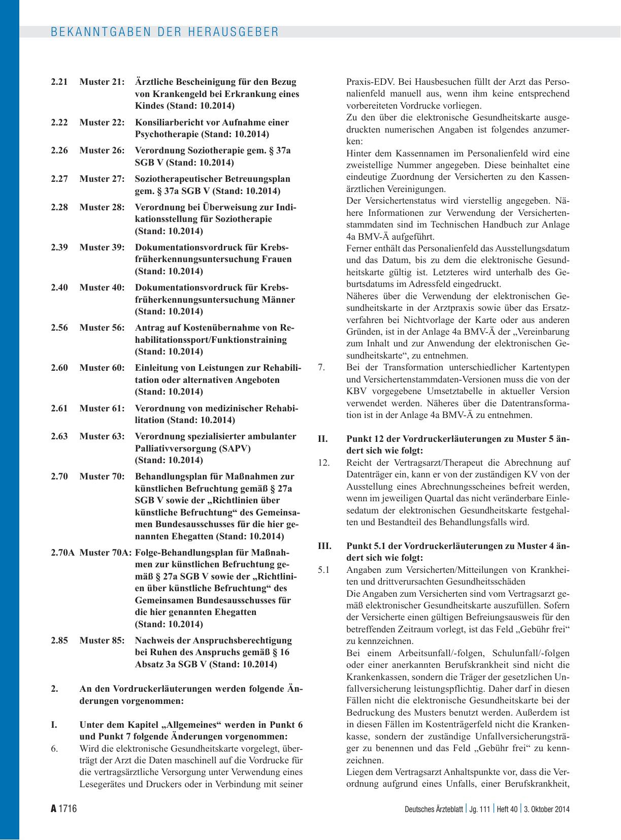Vorschauseite 2: Änderung der Psychotherapie-Vordrucke gem. Anlage 1 BMV-Ä