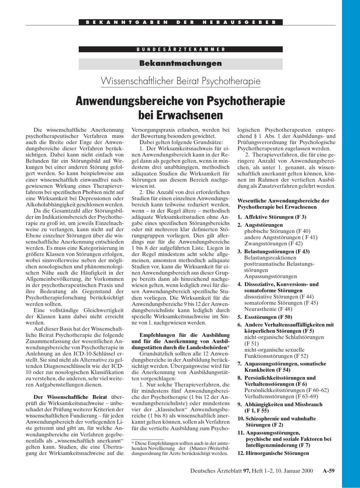 Vorschauseite 1: Wissenschaftlicher Beirat Psychotherapie: Anwendungsbereiche von Psychotherapie bei Erwachsenen