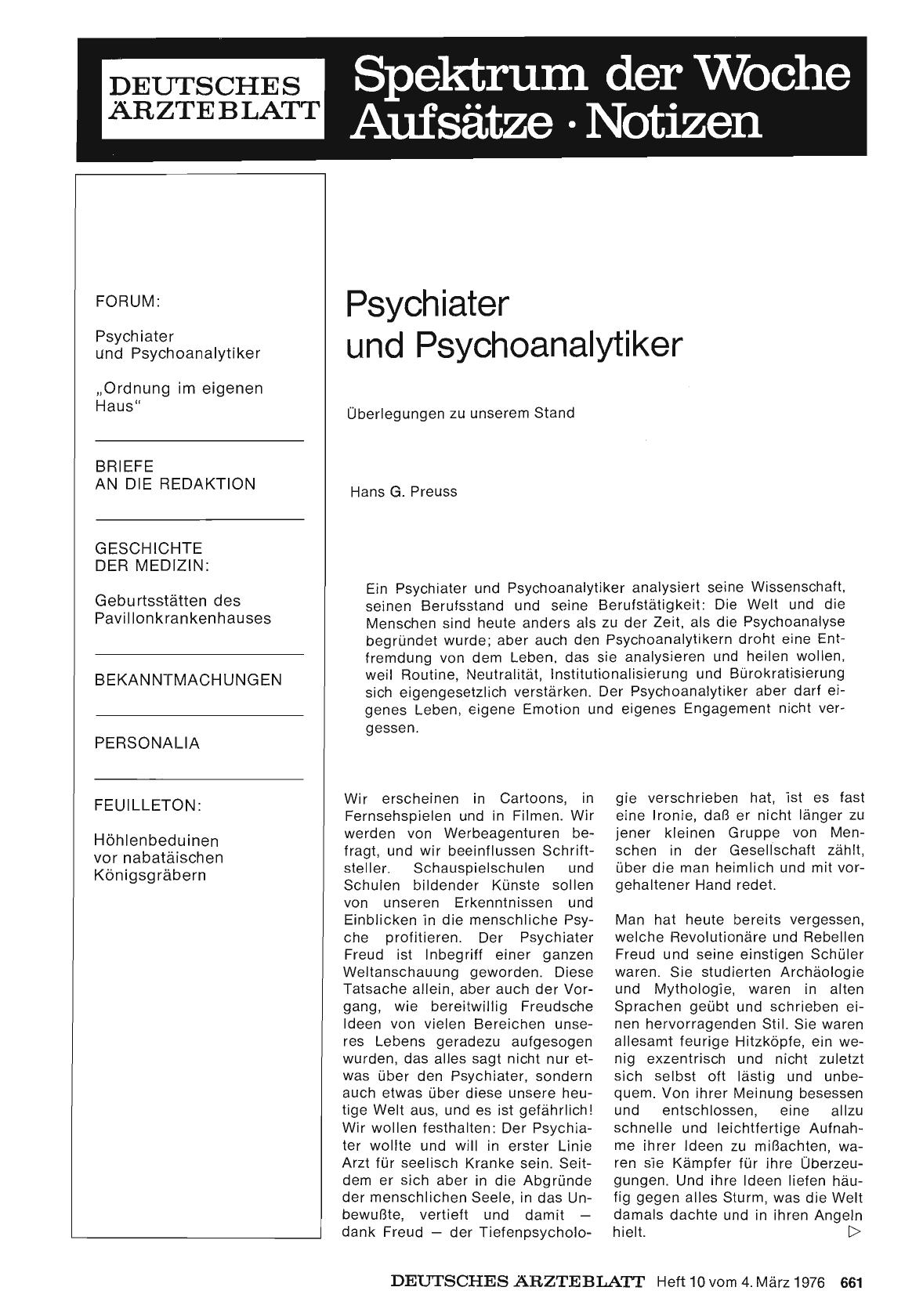 Vorschauseite 1: Psychiater und Psychoanalytiker: Überlegungen zu unserem Stand
