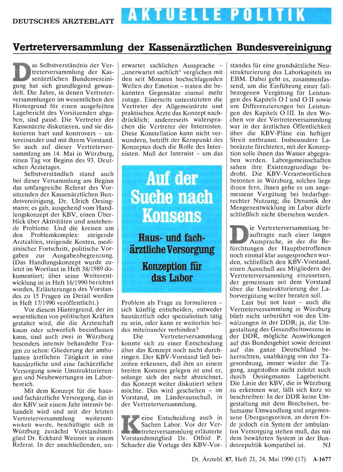 Vorschauseite 1: Vertreterversammlung der Kassenärztlichen Bundesvereinigung: Auf der Suche nach Konsens
