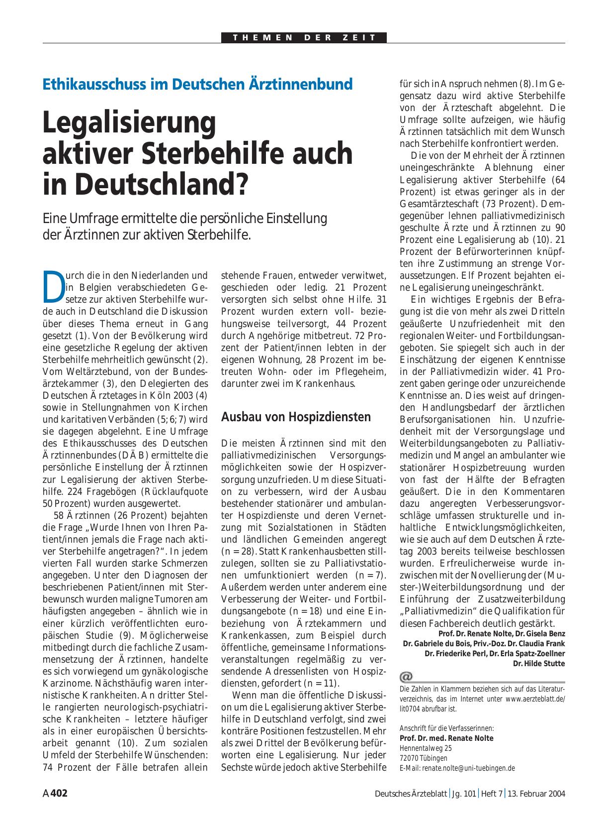 Vorschauseite 1: Ethikausschuss im Deutschen Ärztinnenbund: Legalisierung aktiver Sterbehilfe auch in Deutschland?