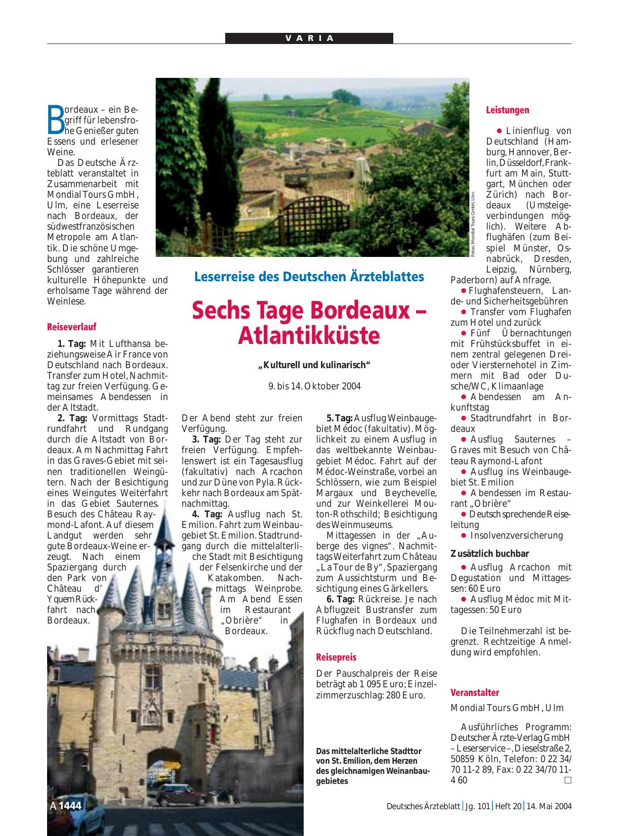 Vorschauseite 1: Leserreise des Deutschen Ärzteblattes: Sechs Tage Bordeaux – Atlantikküste