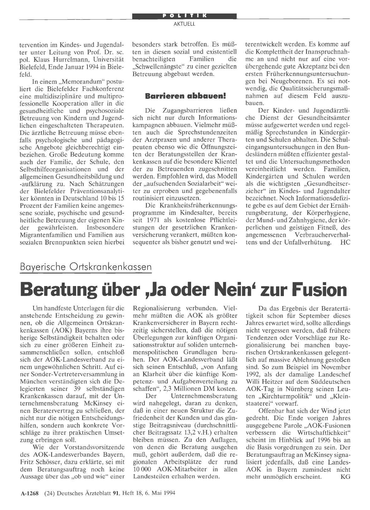Vorschauseite 1: Bayerische Ortskrankenkassen: Beratung über, Ja oder Nein' zur Fusion
