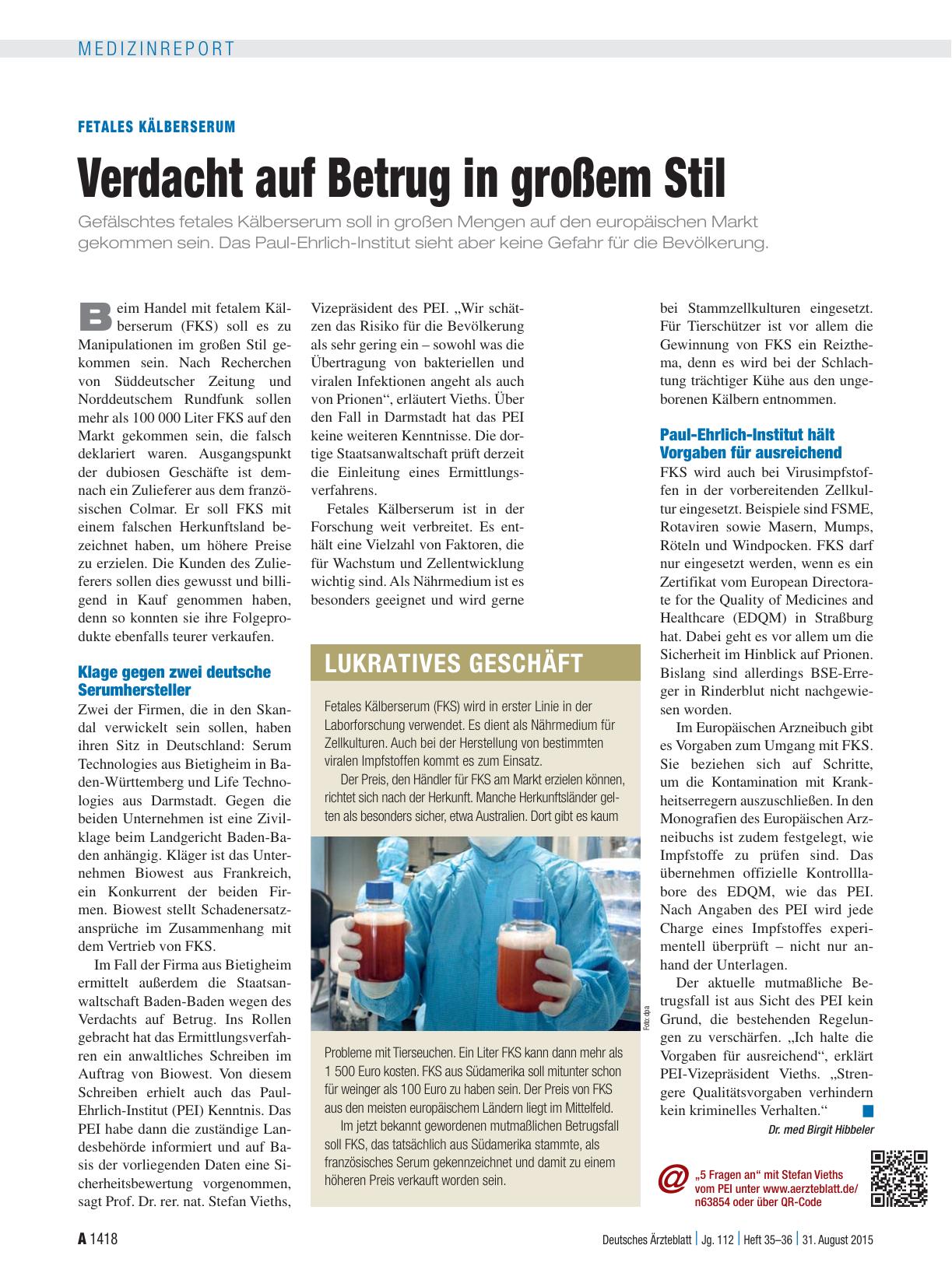 Vorschauseite 1: Fetales Kälberserum: Verdacht auf Betrug in großem Stil