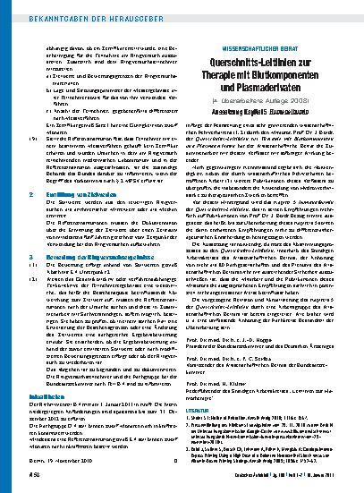 Vorschauseite 1: Wissenschaftlicher Beirat: Querschnitts-Leitlinien zur Therapie mit Blutkomponenten und Plasmaderivaten - Aussetzung Kapitel 5 Humanalbumin