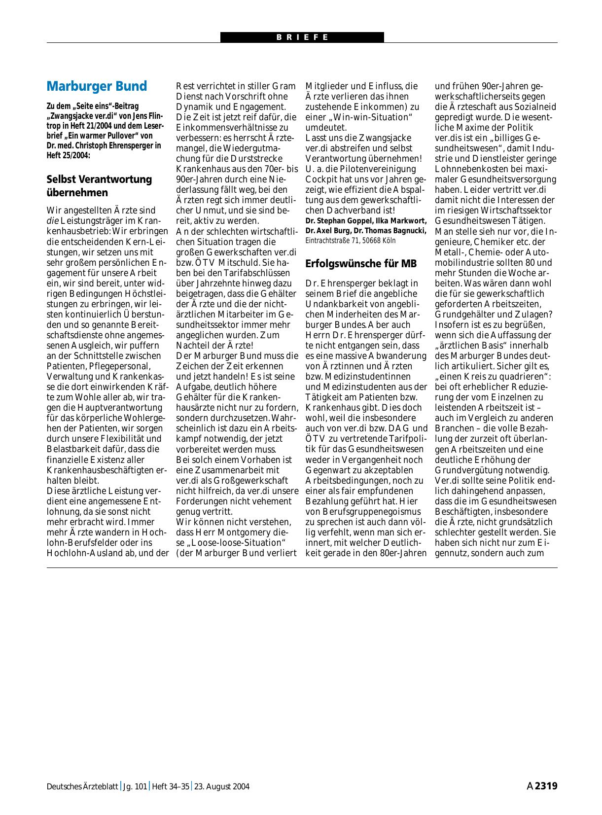 Vorschauseite 1: Marburger Bund: Erfolgswünsche für MB